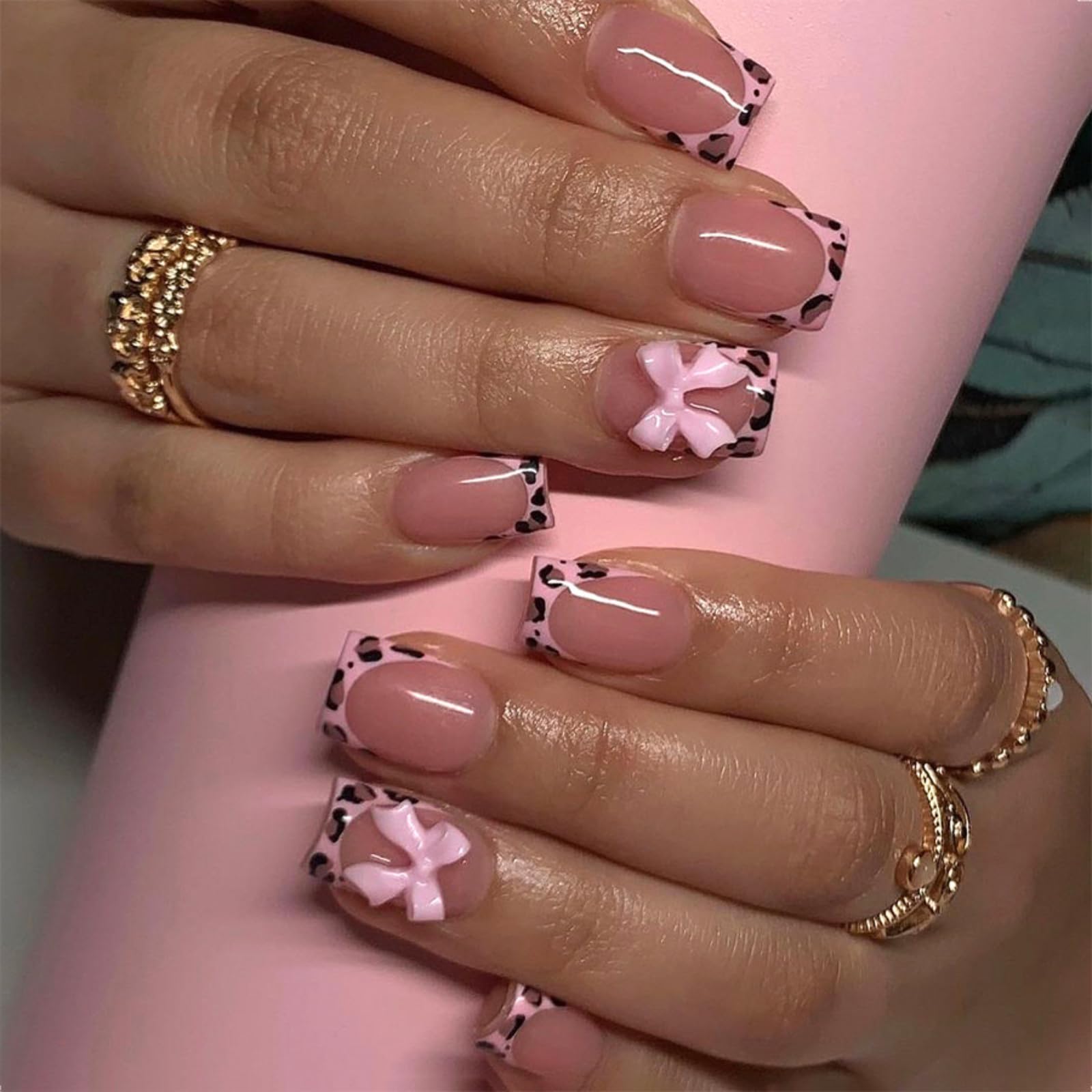 **Pink Leopard Print Press On Nails - Short Coffin French Tip Fake Nails | 24PCS Reusable Glue-On Nails for Women | Perfect for Parties, Weddings & Daily Wear**