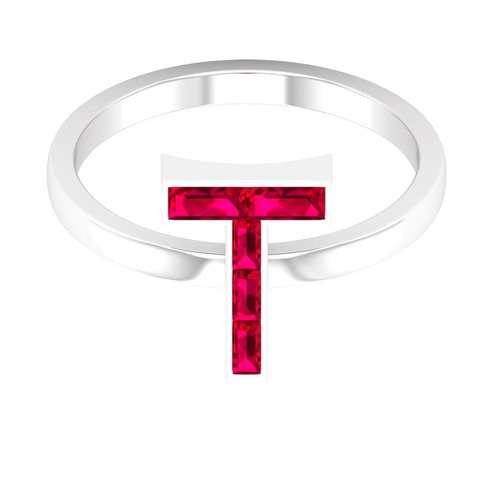 Personalized A-Z Initial Rings - 14K White Gold Alphabet Letter Rings with Lab-Created Rubies | Baguette & Channel Set Birthstone Jewelry | Perfect for Gifts, Anniversaries & Name Necklace Matching