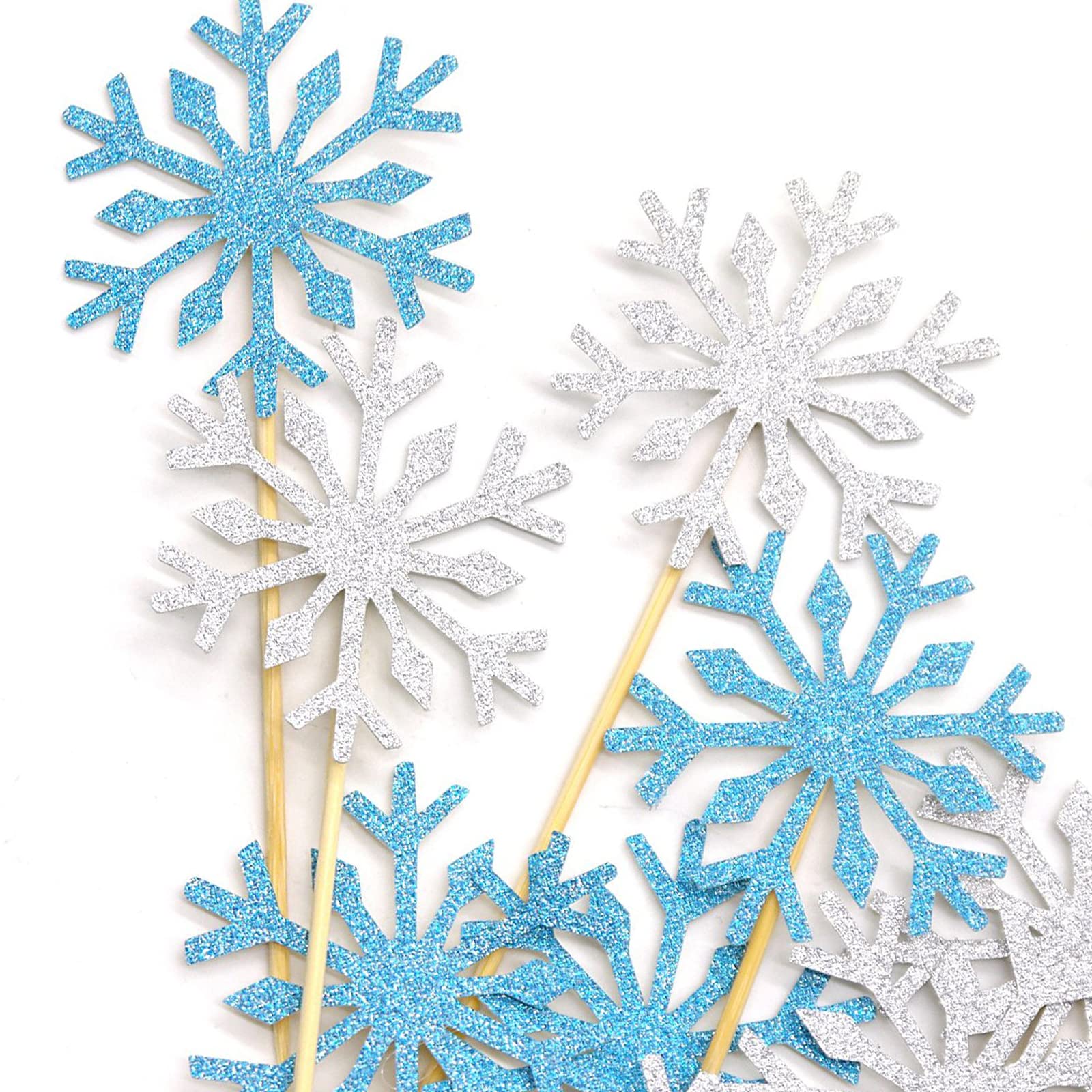 Frozen Birthday Cake Toppers Set - 20pcs Snowflake Cupcake Decorations in Silver & Blue for Frozen Themed Parties, Glittery Cake Decor - Perfect for Birthday Cakes, Cupcakes, and Winter Wonderland Celebrations
