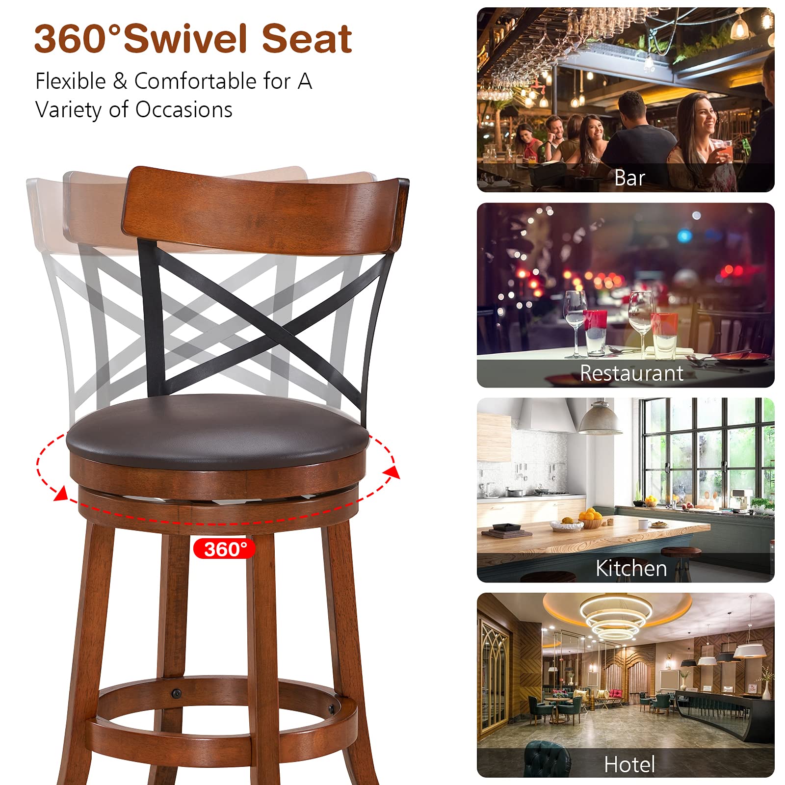 COSTWAY 4-Piece Bar Stool Set - 360° Swivel Solid Wood Bar Stools with Soft Cushion & Backrest, 25