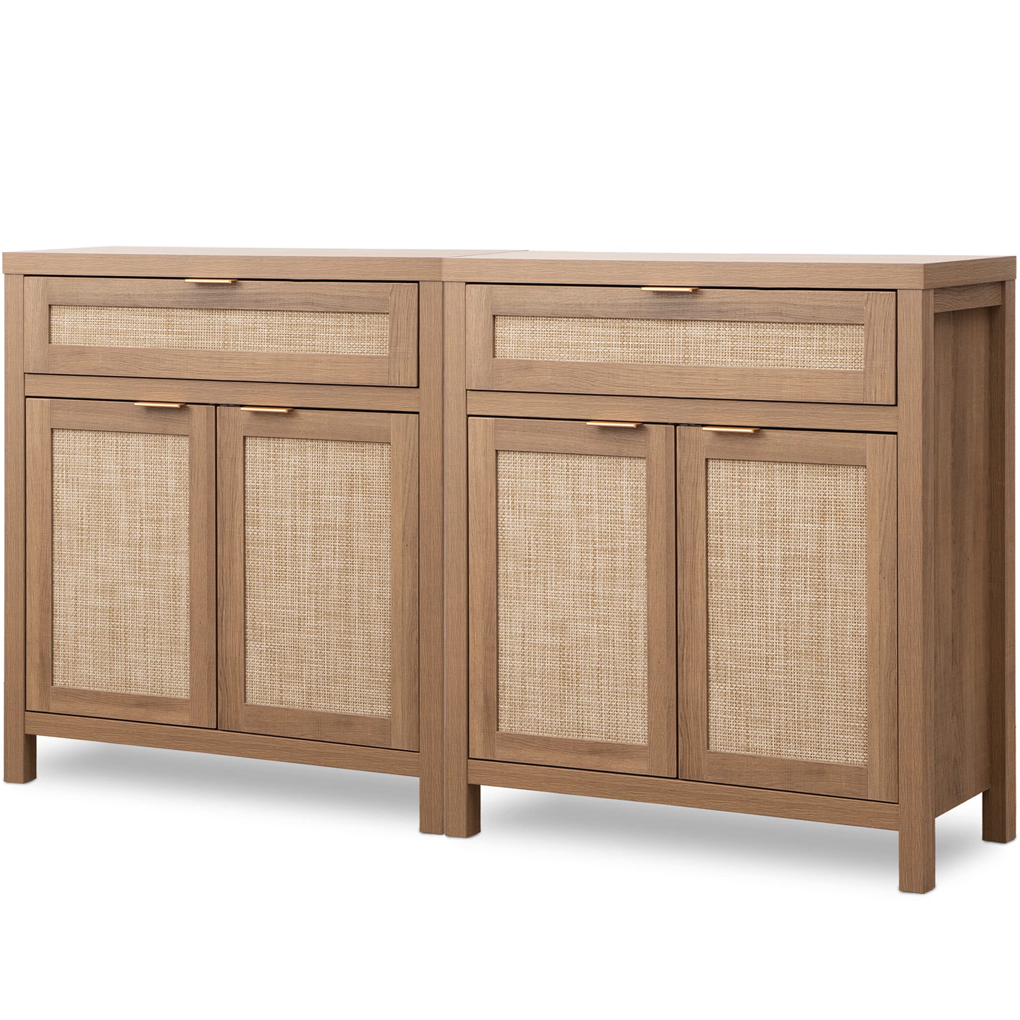 SICOTAS 2-Piece Rattan Sideboard Buffet Cabinet Set with Drawers - Boho Farmhouse Credenza Storage Console Table - Natural Oak Finish for Living Room, Dining Room, Entryway & Coffee Bar