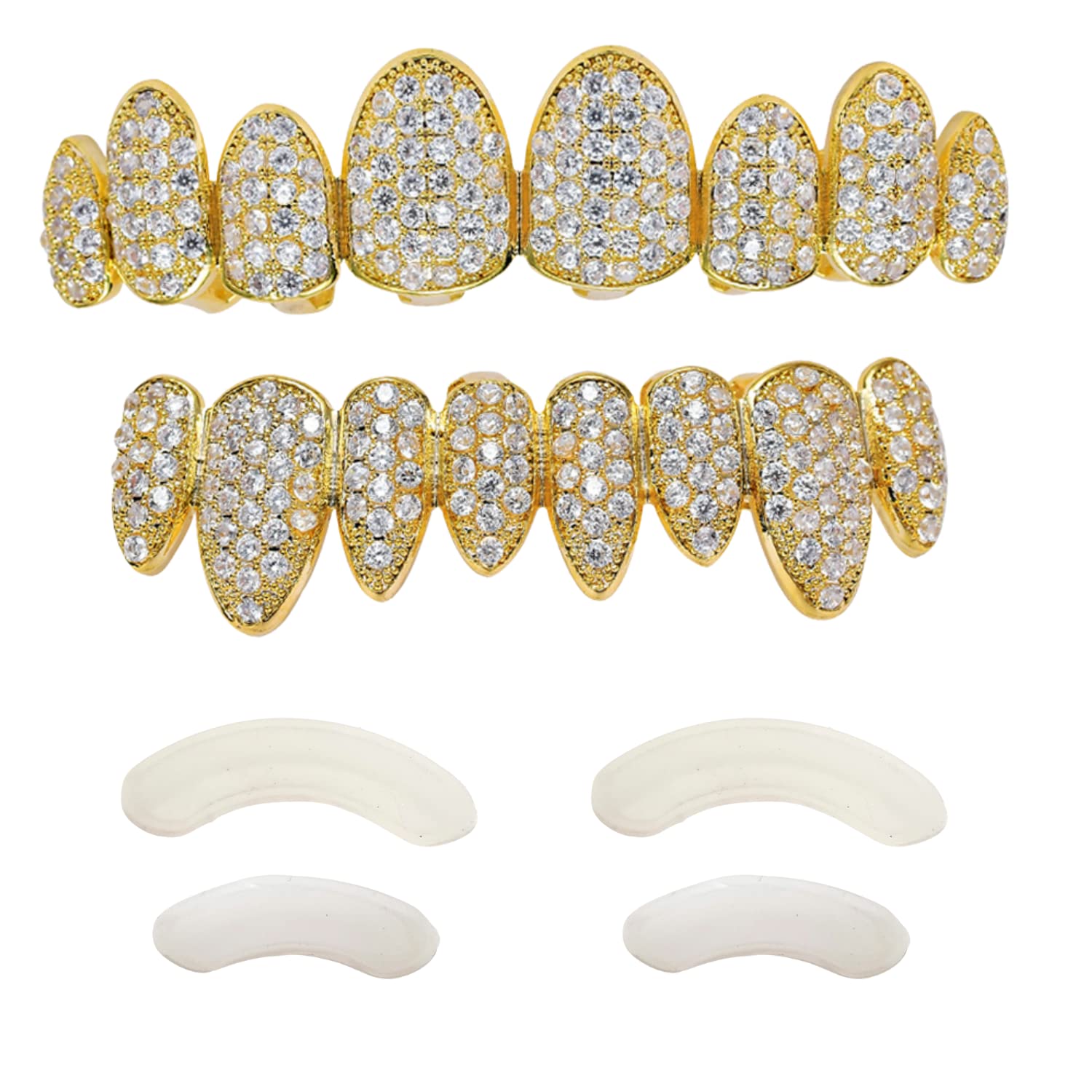 24K Gold Plated CZ Diamond Grillz Set - Top & Bottom Teeth Grills with Macro Pave Design | Includes Extra Molding Bars, Storage Case & Microfiber Cloth | Perfect for Hip Hop Fashion, Parties & Special Events