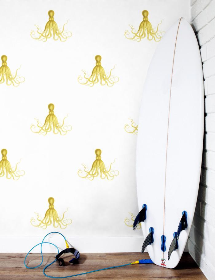 George The Octopus Yellow Wallpaper by Wallshoppe - Playful Octopus Design for Kids Rooms, Nursery & Coastal Themed Decor