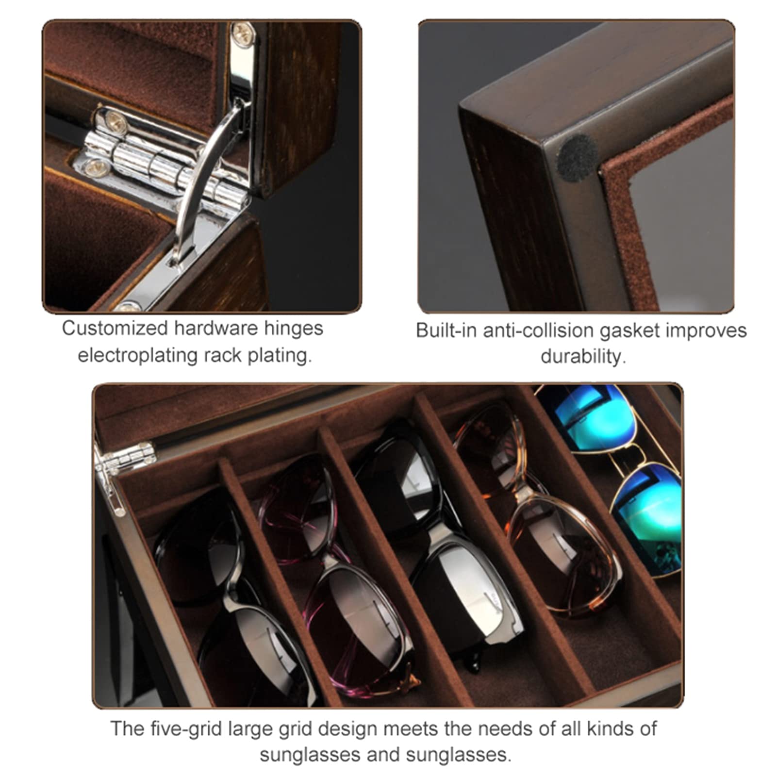 Wooden Jewelry & Sunglasses Organizer Box for Women & Men - 5-Slot Eyewear Display Case with Storage Holder - Dark Brown Sunglasses & Jewelry Collection Box | Perfect for Home, Office & Travel Organization