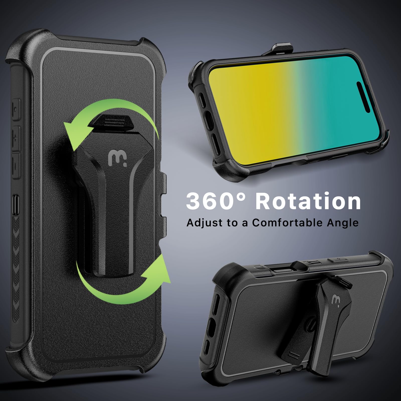 M MYBAT PRO Maverick Series iPhone 16 Pro Max Case with Belt Clip Holster - Magsafe Compatible, Anti-Drop & Shockproof Protection, Includes Screen Protector & 360° Rotating Kickstand (Heavy Duty, Black) - Perfect for Outdoor Activities, Construction Work, and Extreme Sports