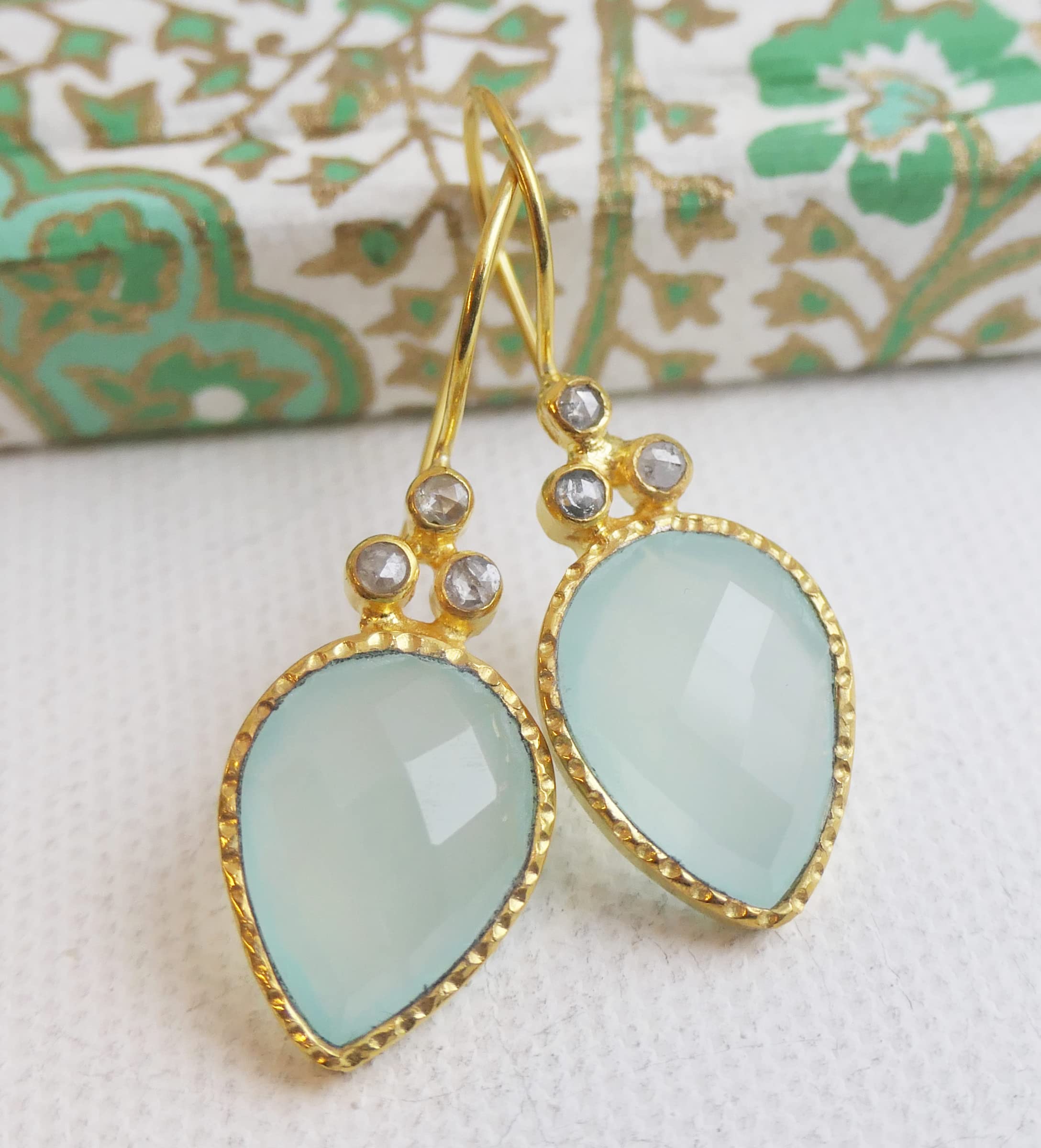Aqua Chalcedony & Diamond Gold Plated Sterling Silver Earrings for Women - Natural Gemstone Jewelry - Handmade Gift for Birthday, Valentine's Day, Mother's Day - Elegant Statement Earrings for Parties, Weddings & Special Occasions