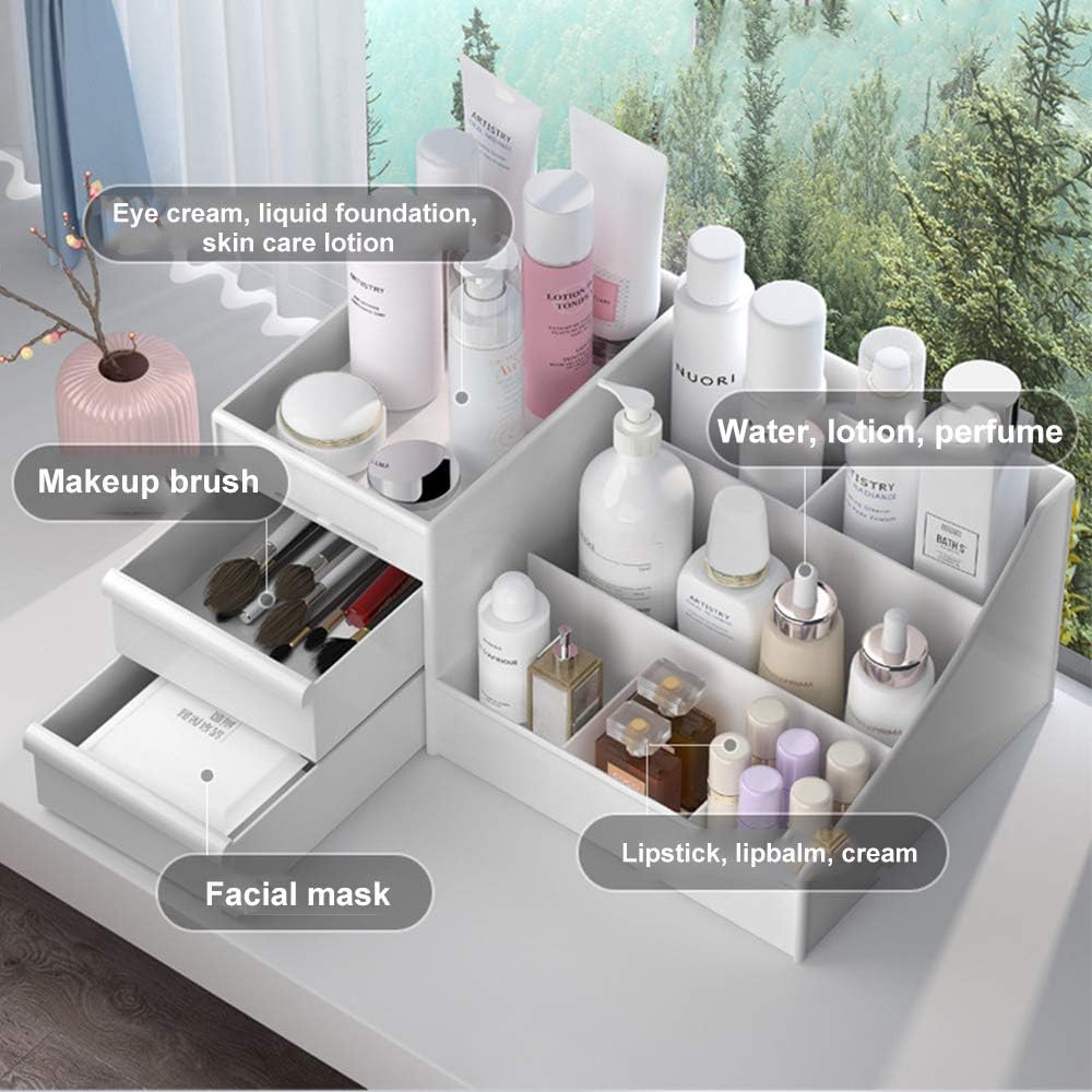 Small Makeup Organizer Storage Box - Cosmetic Dresser for Skincare, Creams, Lipstick, Toners & Lotions - Cute White Bathroom & Bedroom Drawer Organizer for Women & Girls - Perfect for Vanity, Dresser & Countertop Organization