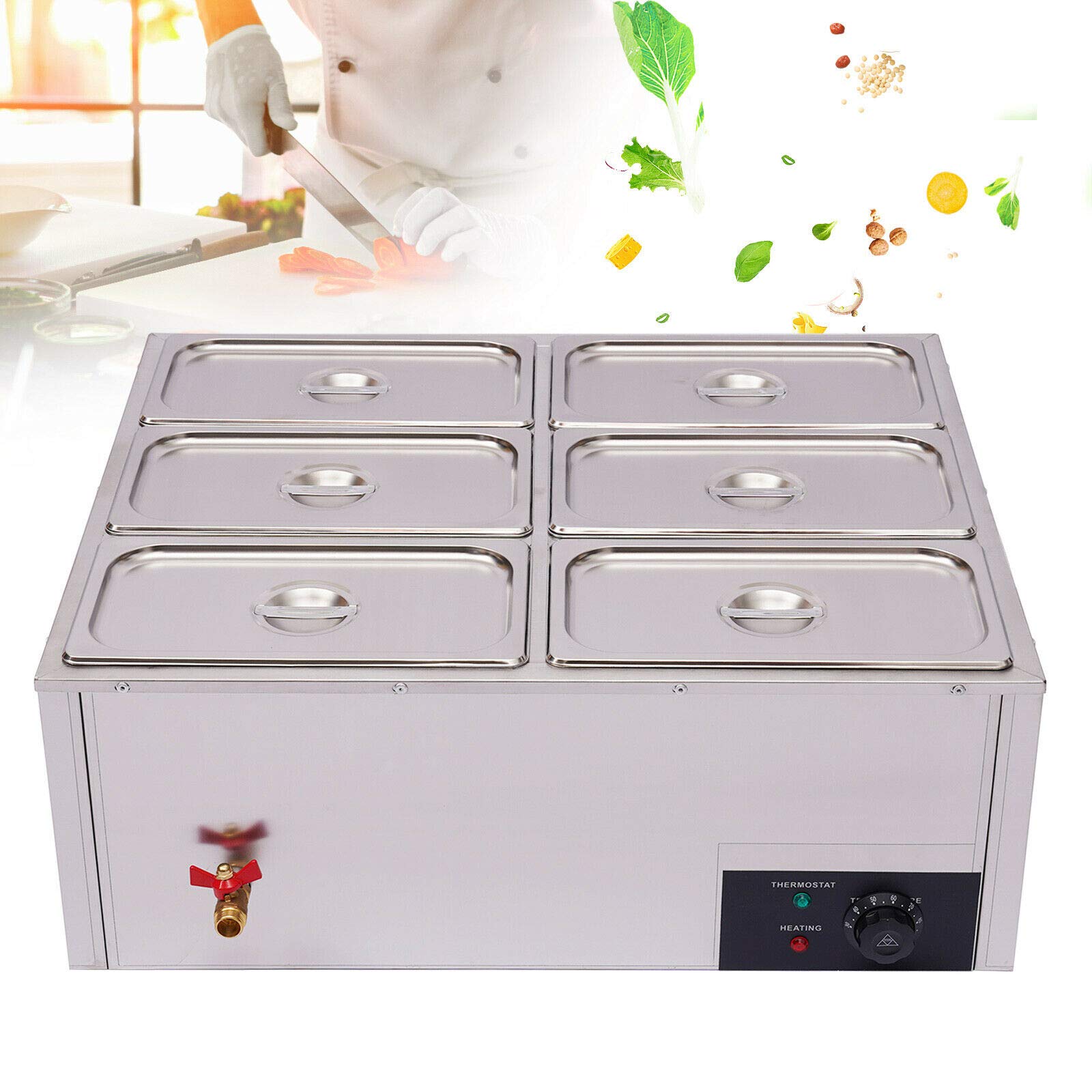 Commercial Food Warmer - 850W Electric Countertop Steam Table with 6 Pans, 15cm/6inch Deep Stainless Steel Bain Marie - Large 7 Quart Capacity (6x7, Silver) - Perfect for Buffets, Catering, Restaurants & Large Events