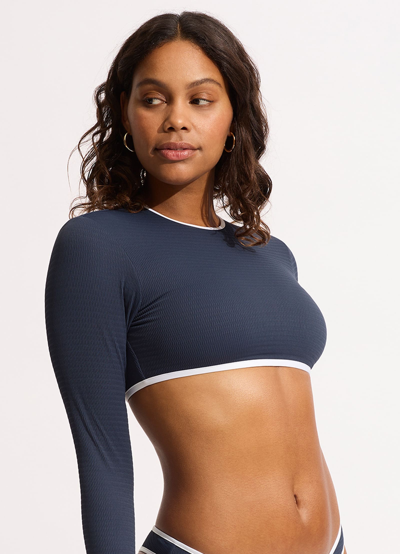 Beach Bound Cropped Long Sleeve Rash Guard Swimsuit Top - True Navy - UPF 50+ Sun Protection for Surfing, Swimming & Beach Activities
