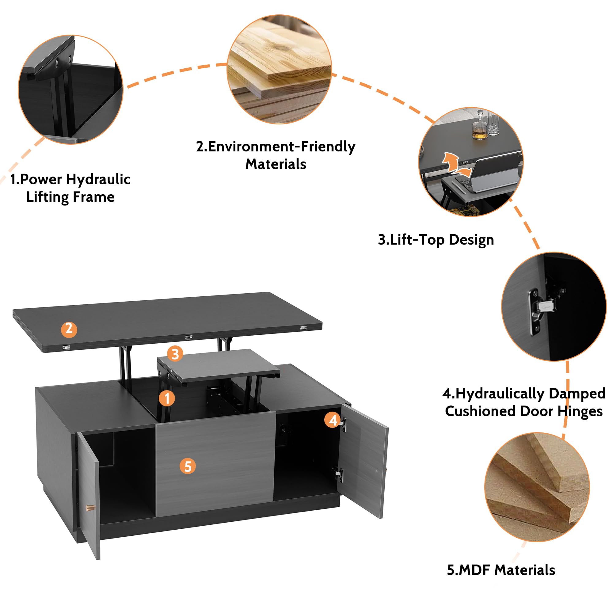 Modern Lift-Top Coffee Table with Storage Compartments & Hidden Cabinet - Convertible Dining Table, Rectangle Cocktail Center Table for Living Room & Office - Dark Grey - Perfect for Small Spaces, Entertaining Guests, and Multifunctional Home Use