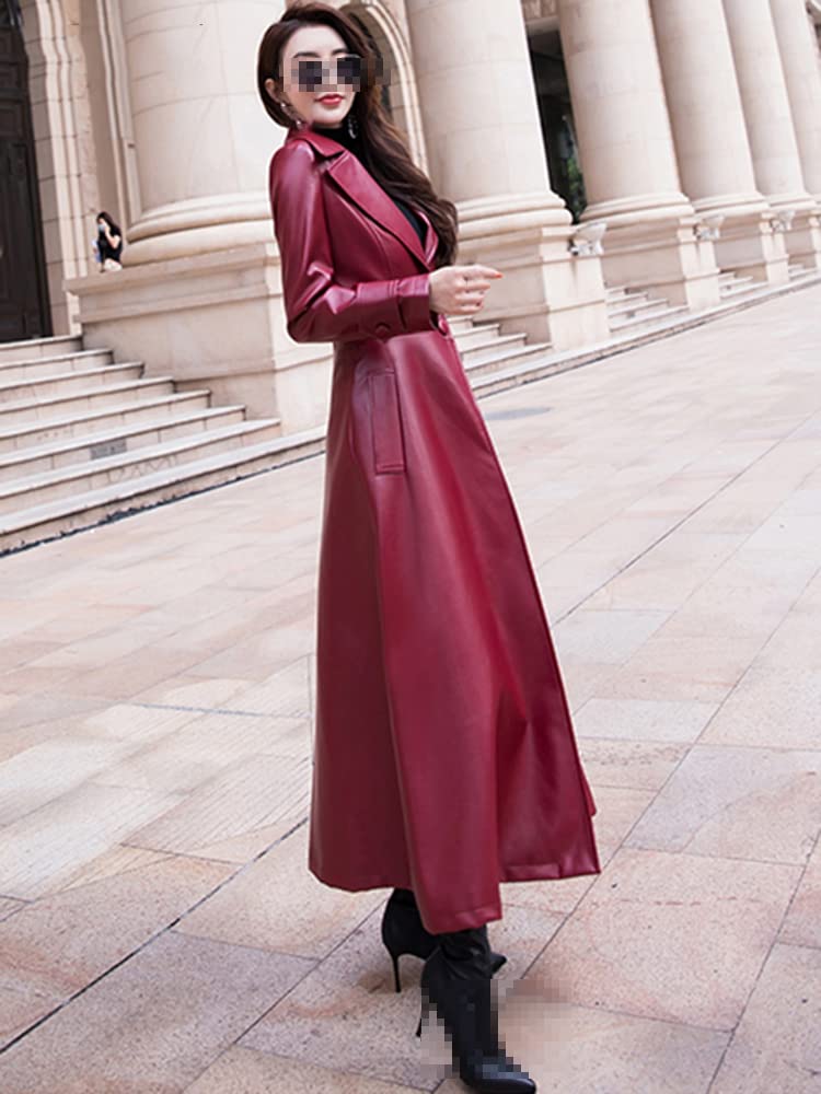 Women's Black Flare Leather Trench Coat - Long Sleeve Lapel Jacket for Spring | Stylish Outerwear for Office, Dating & Evening Events