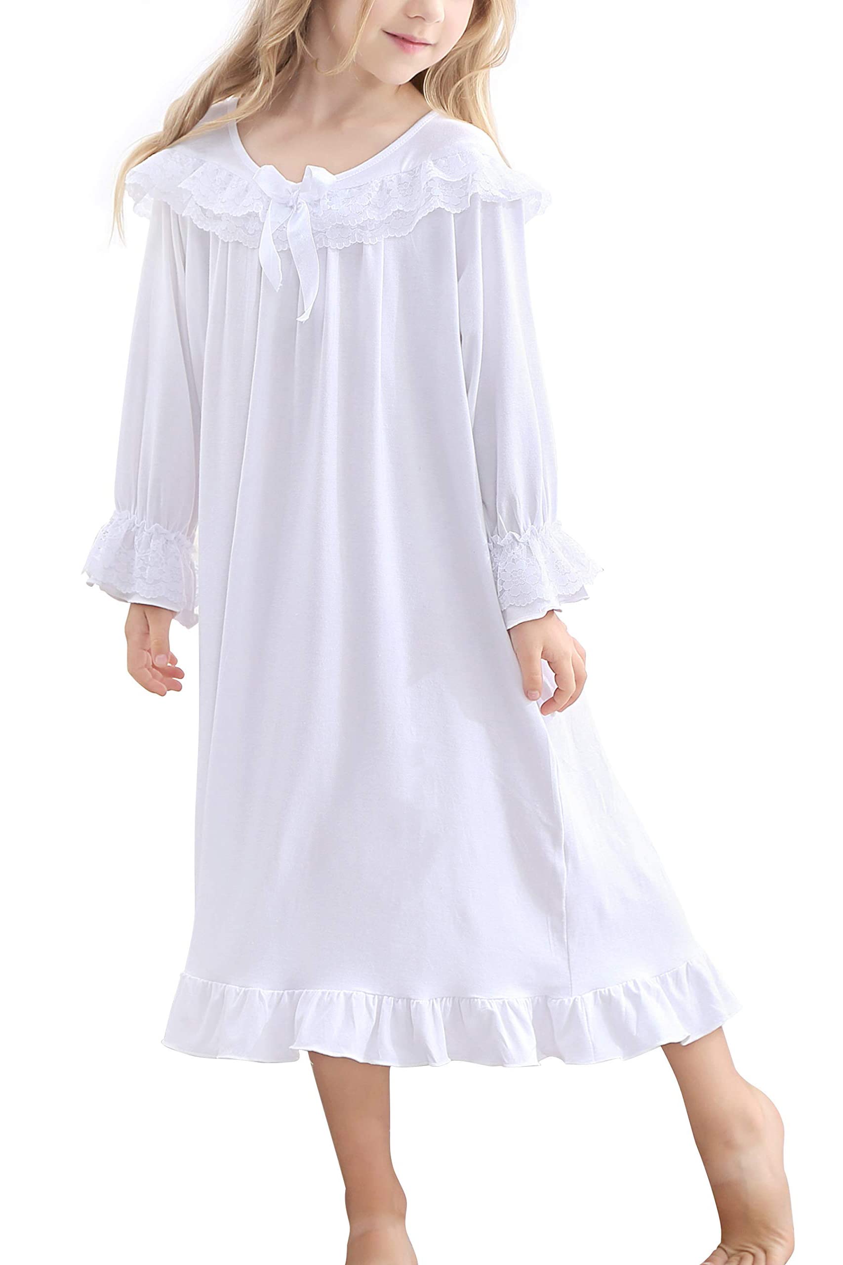 Lovekider Girls Christmas Nightgowns - Cute Lace Xmas Pajamas Dress Long Sleeve Princess Nightdress Sleep Shirts for Kids 4-12 Years - Perfect for Holiday Sleepovers, Christmas Morning & Winter Family Photos