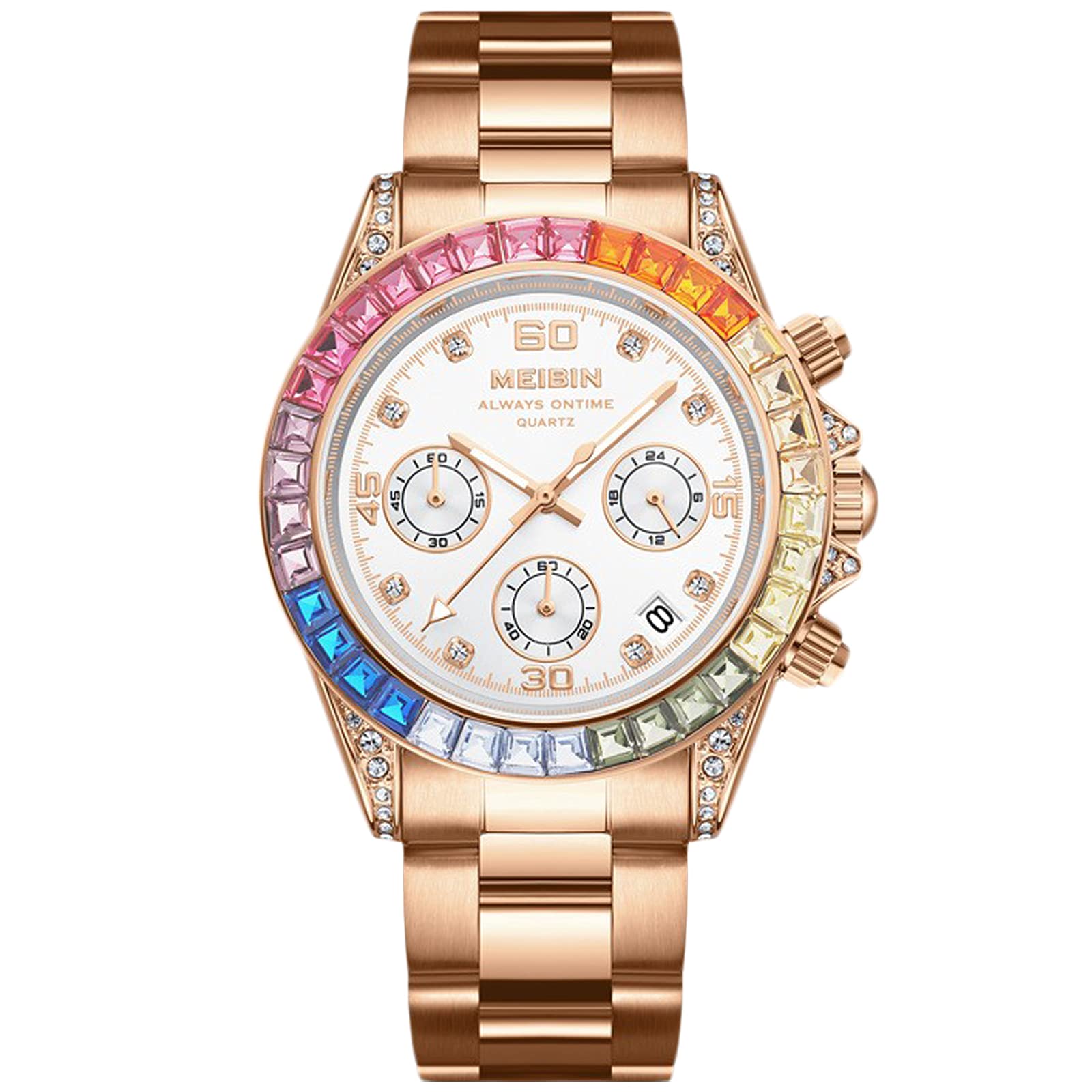 RORIOS Women's Chronograph Analog Quartz Watch - Stainless Steel Strap, Waterproof, Rhinestone Accent for Business & Casual Wear | Perfect Gift for Ladies & Girls | Office, Party & Everyday Use