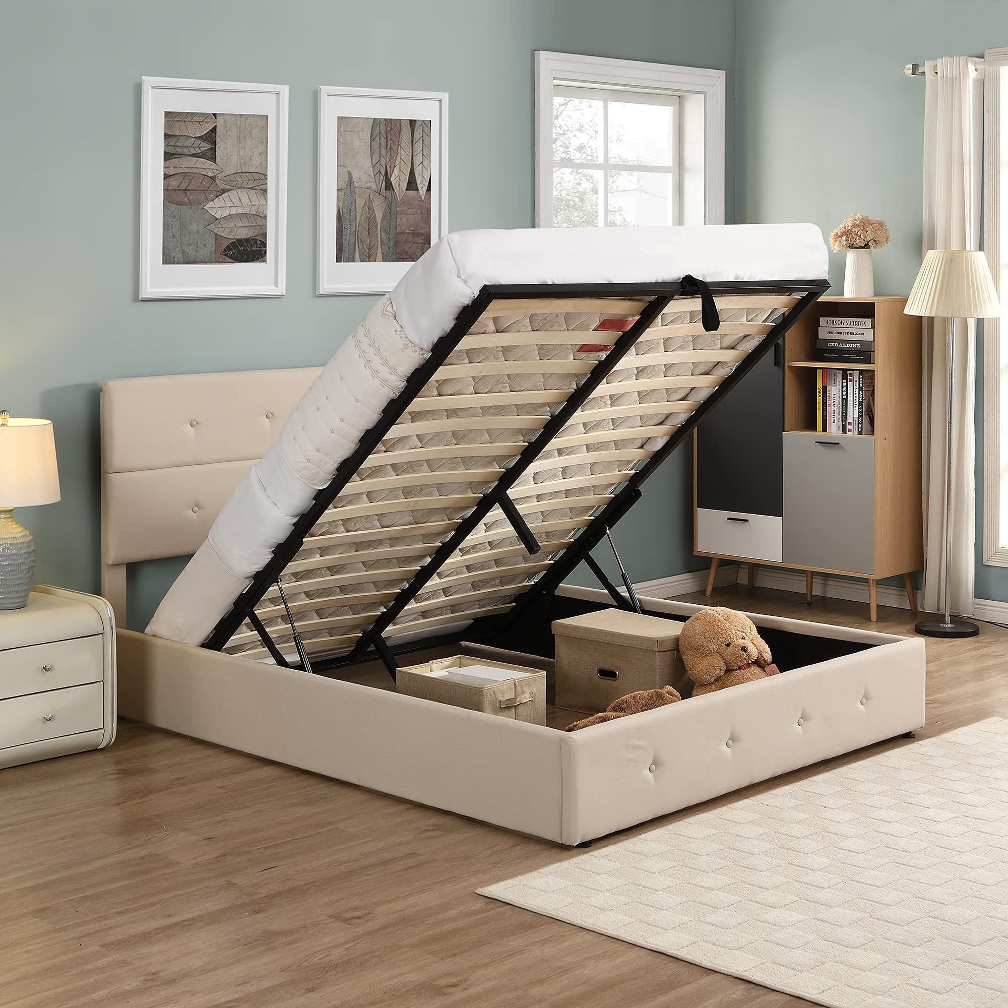 P PURLOVE Queen Upholstered Platform Bed with Tufted Headboard & Hydraulic Lift Storage System - Underbed Storage Bed Frame (Queen Size, Beige) for Modern Bedroom, Guest Room & Small Space Organization
