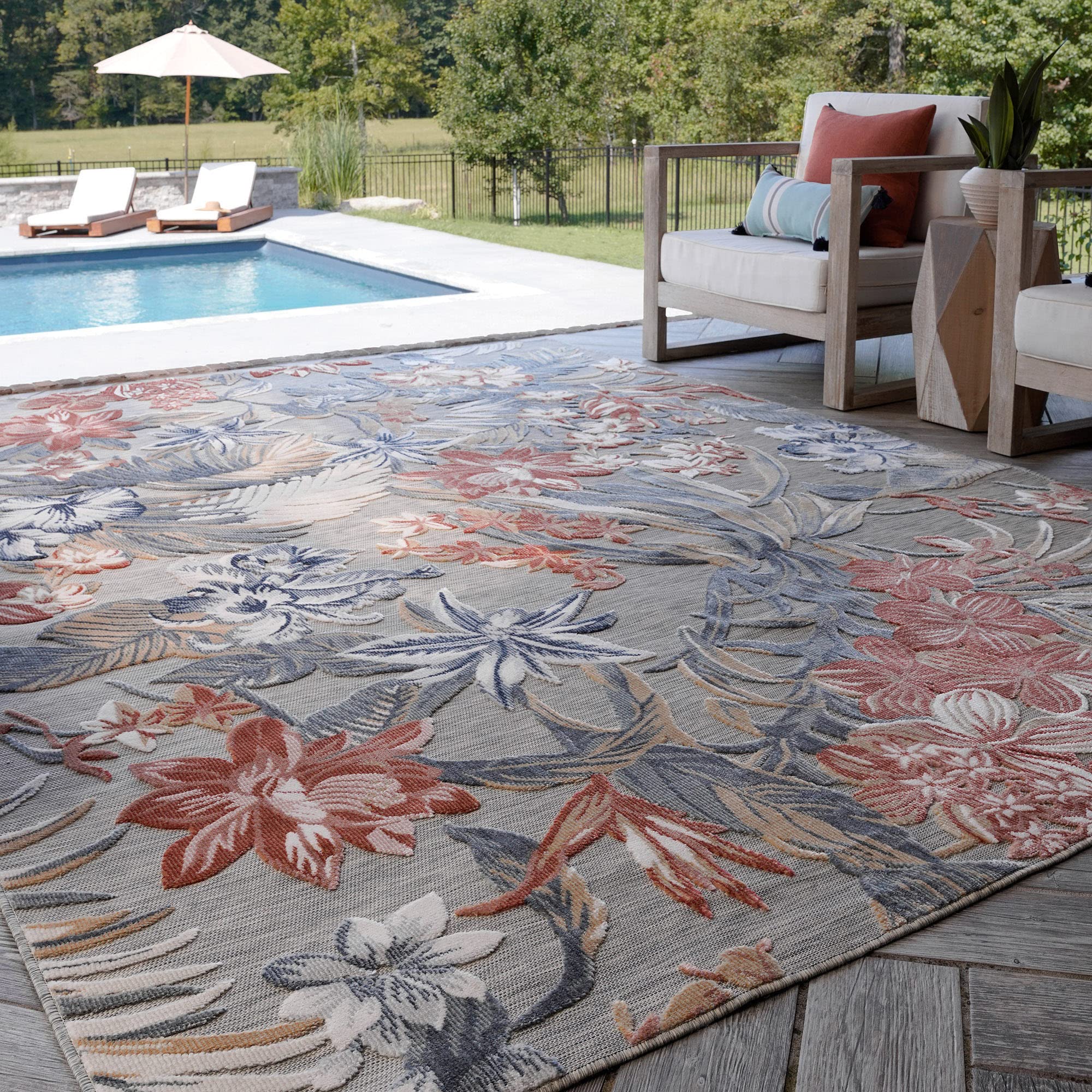 Water Resistant Modern 5x7 Indoor Outdoor Patio Rug - Floral Design for Patio, Deck, Porch, Entryway - Durable Outside Area Rug 5'1