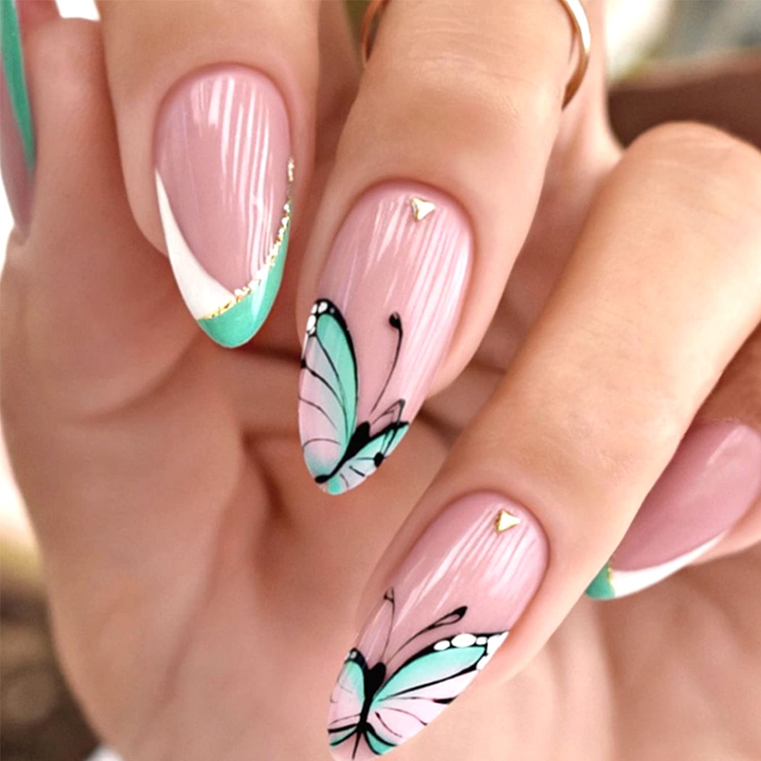 Butterfly Press on Nails - Almond Medium Length Fake Nails with French U-Shaped White Green Acrylic Design & Rhinestones - 24Pcs Full Cover Glue on Nails for Women & Girls - Perfect for Parties, Weddings, and Special Occasions