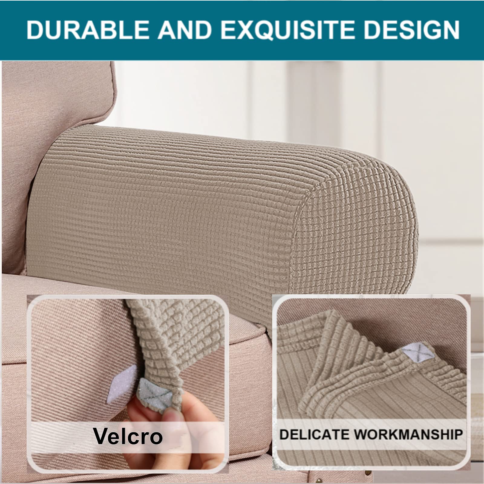 Stretch Armrest Covers - 2pcs Spandex Jacquard Sofa Slipcovers for Chairs, Couches & Recliners (Khaki) | Perfect for Home, Office & Living Room Furniture Protection