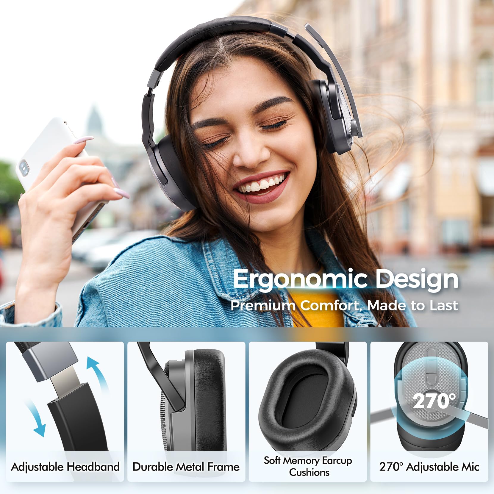 Wireless Bluetooth Headset with Noise Cancelling Microphone - 50+ Hours HD Talk Time, Detachable Earpad, Single/Dual Mode - Perfect for Truck Drivers, Office Work, Home Use & Long Driving Sessions (Silver)