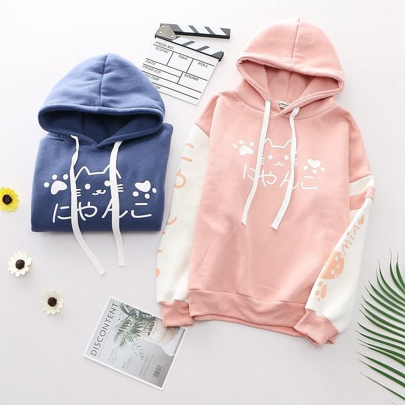 Women's Anime Cute Cat Kawaii Hoodie - Japanese Aesthetic Meow Fleece Hooded Sweatshirt, Korean Style Fall Winter Pullover | Casual Outfit, Cosplay, Streetwear Fashion