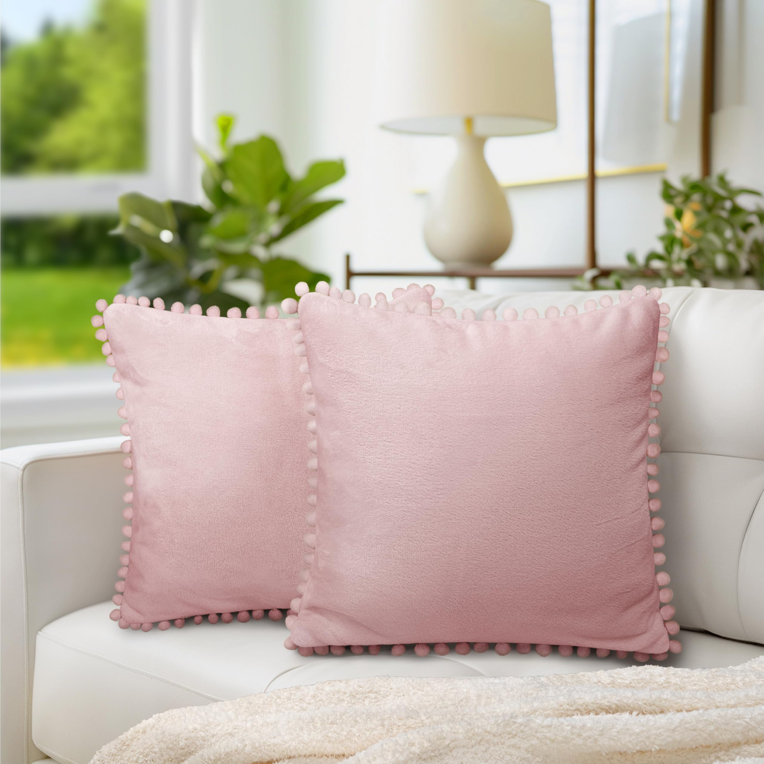 PAVILIA Light Pink Velvet Throw Pillow Covers 20x20 Inches Set of 2 - Soft Pom Pom Decorative Cushion Covers for Bed, Sofa & Couch - Luxury Euro Plush Pillow Cases for Bedroom Aesthetic & Home Decor