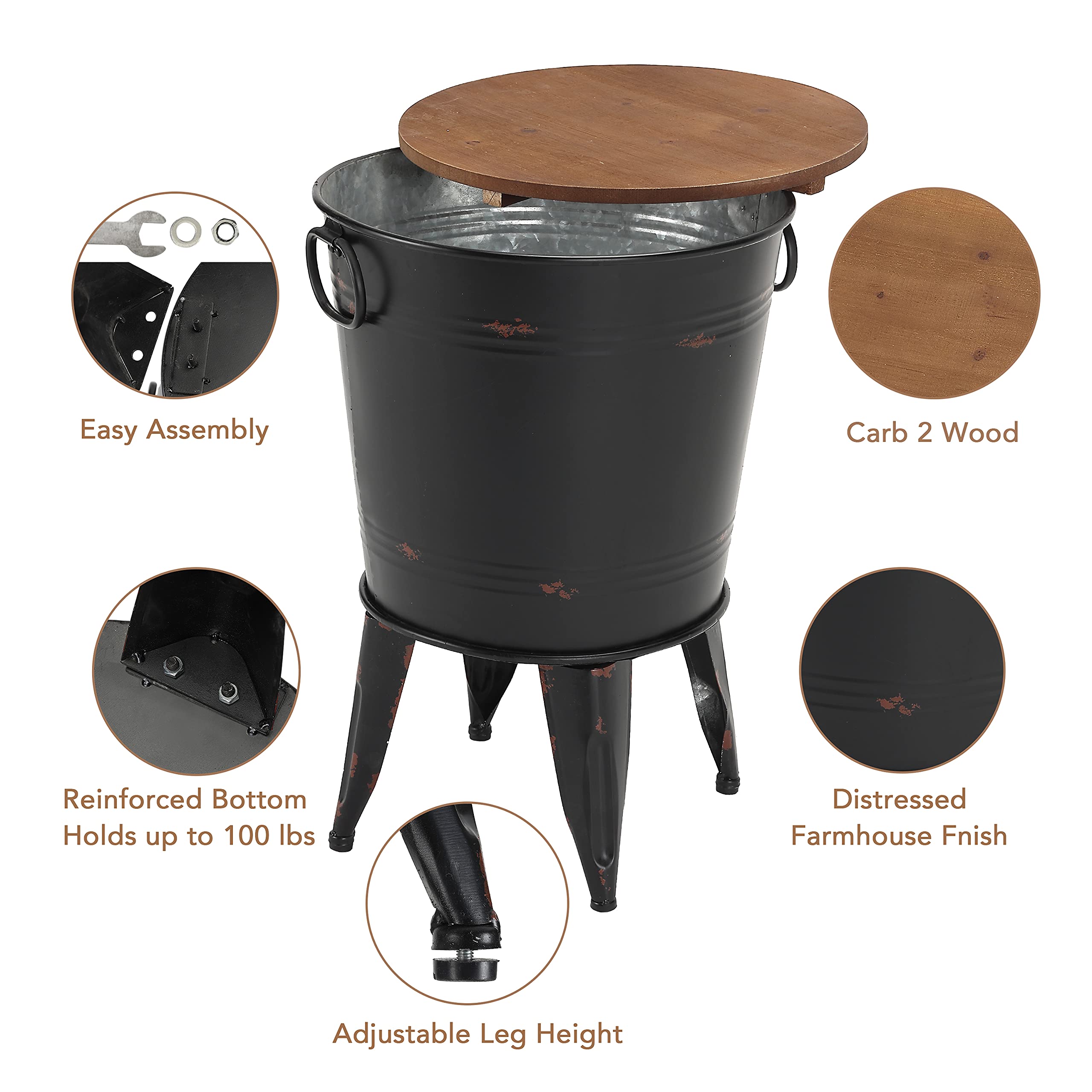 RUSTOWN Farmhouse Accent Side Table Set of 2 - Rustic Antique Galvanized Metal End Table with Round Wood Lid, Coffee or Cocktail Table with Storage Bin (Black) - Perfect for Living Room, Bedroom, or Patio Decor