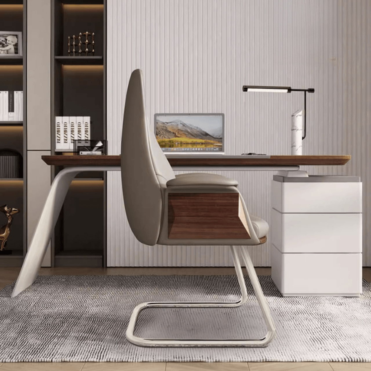 Minimalist Gray Leather Arc Office Chair with Flared Arms & Silver Metal Legs - Ergonomic Desk Chair for Home Office, Study, or Workspace