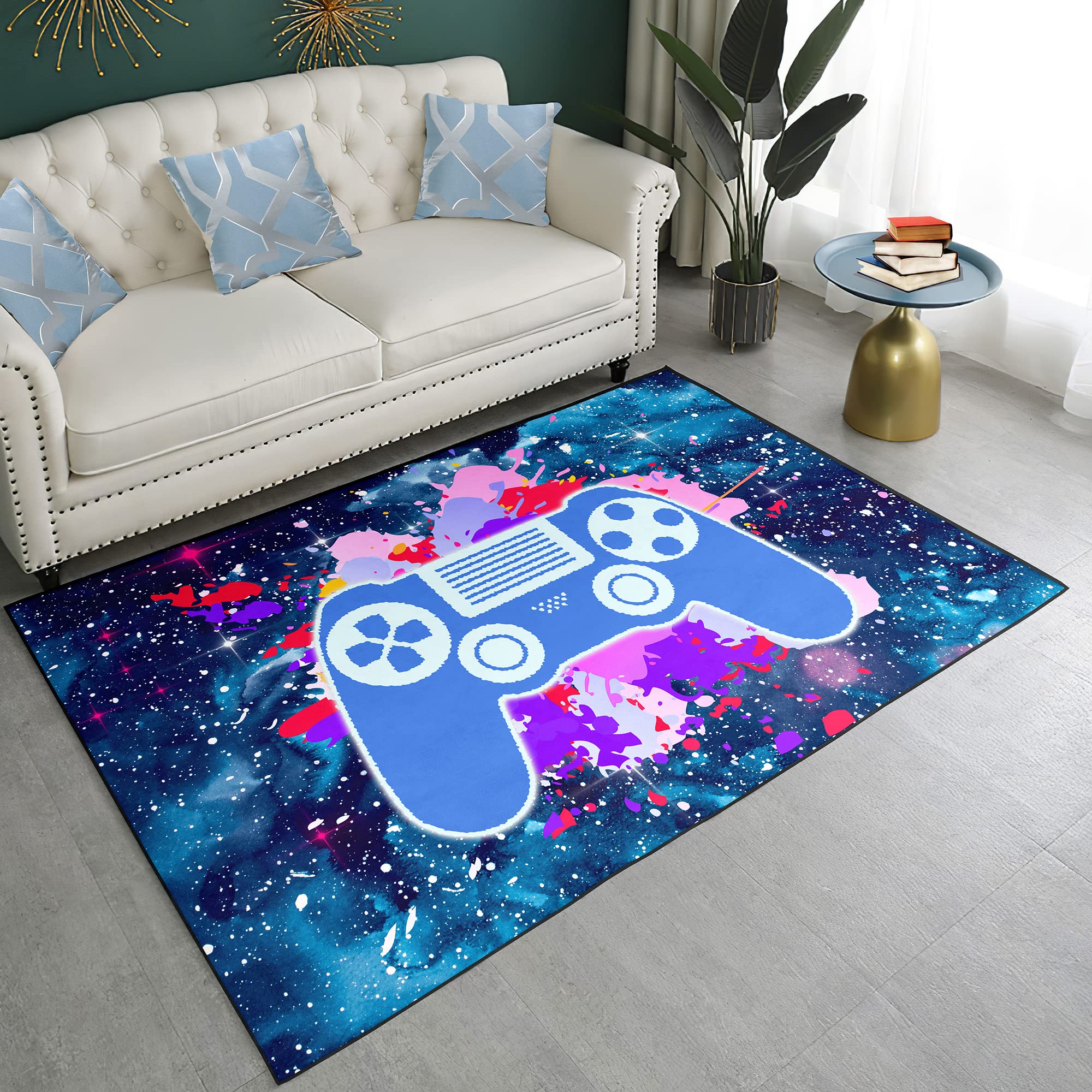 Kids Video Game Floor Mat - Starry Sky Galaxy Printed Area Rug for Playroom & Bathroom | Non-Slip Children's Play Carpet, Yoga Blanket & Gift Idea for Gamers