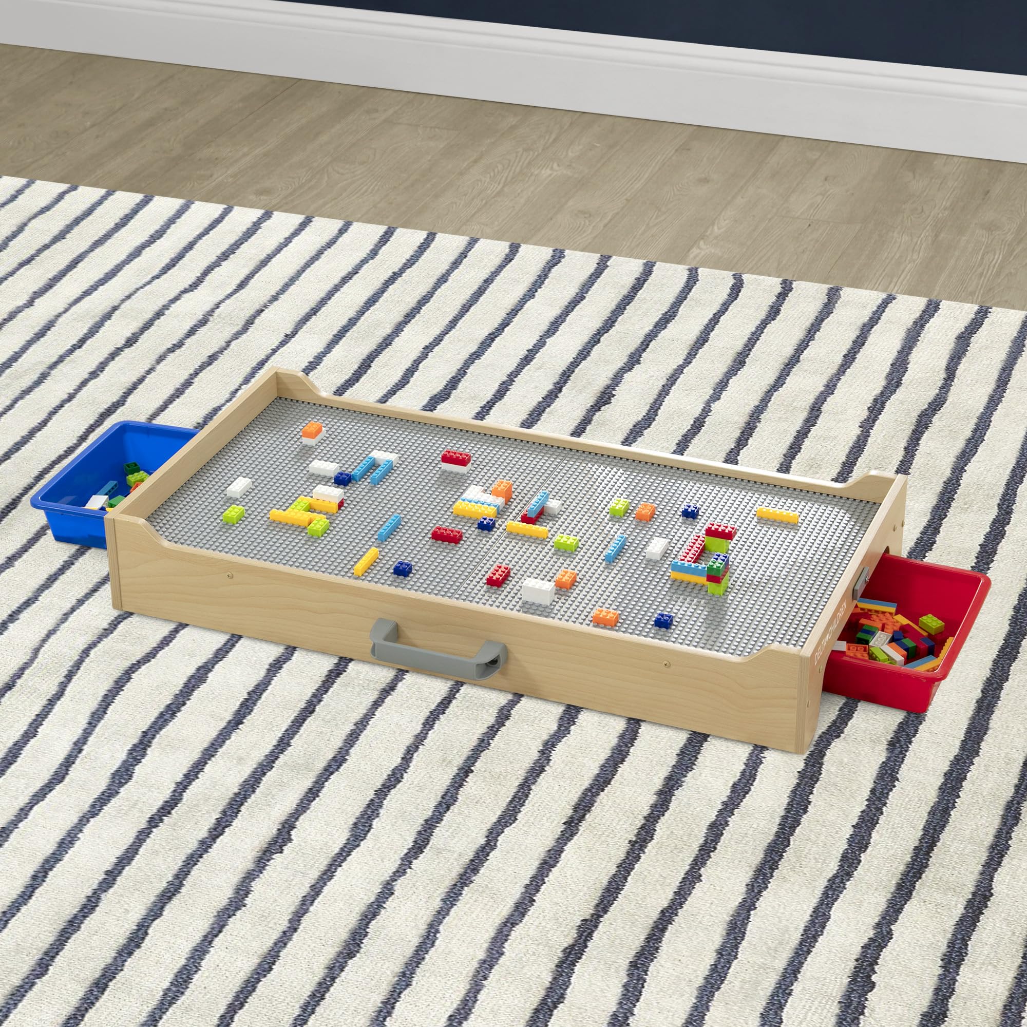 Delta Children Play N Store Building Bricks Play Table with 100+ Bricks - Large LEGO-Compatible Base Plate - Foldable Legs for Storage, Grey - Perfect for Kids Playroom, Preschool Learning & Creative Building Activities