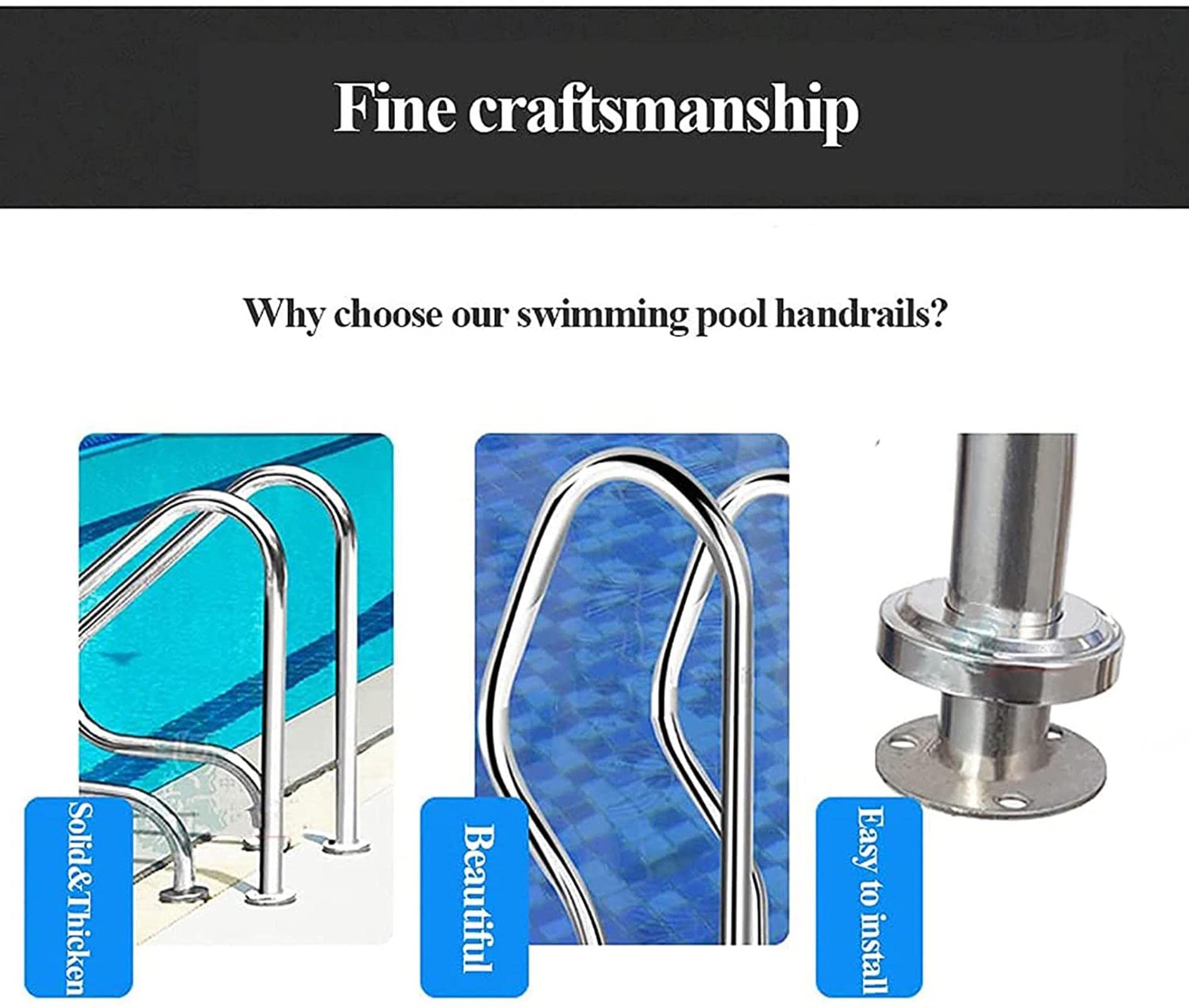 Stainless Steel Swimming Pool Handrails with Quick Mount Base - Non-Slip Armrest Cover for Inground Pools | Durable Safety Rail for Outdoor & Indoor Pool Use