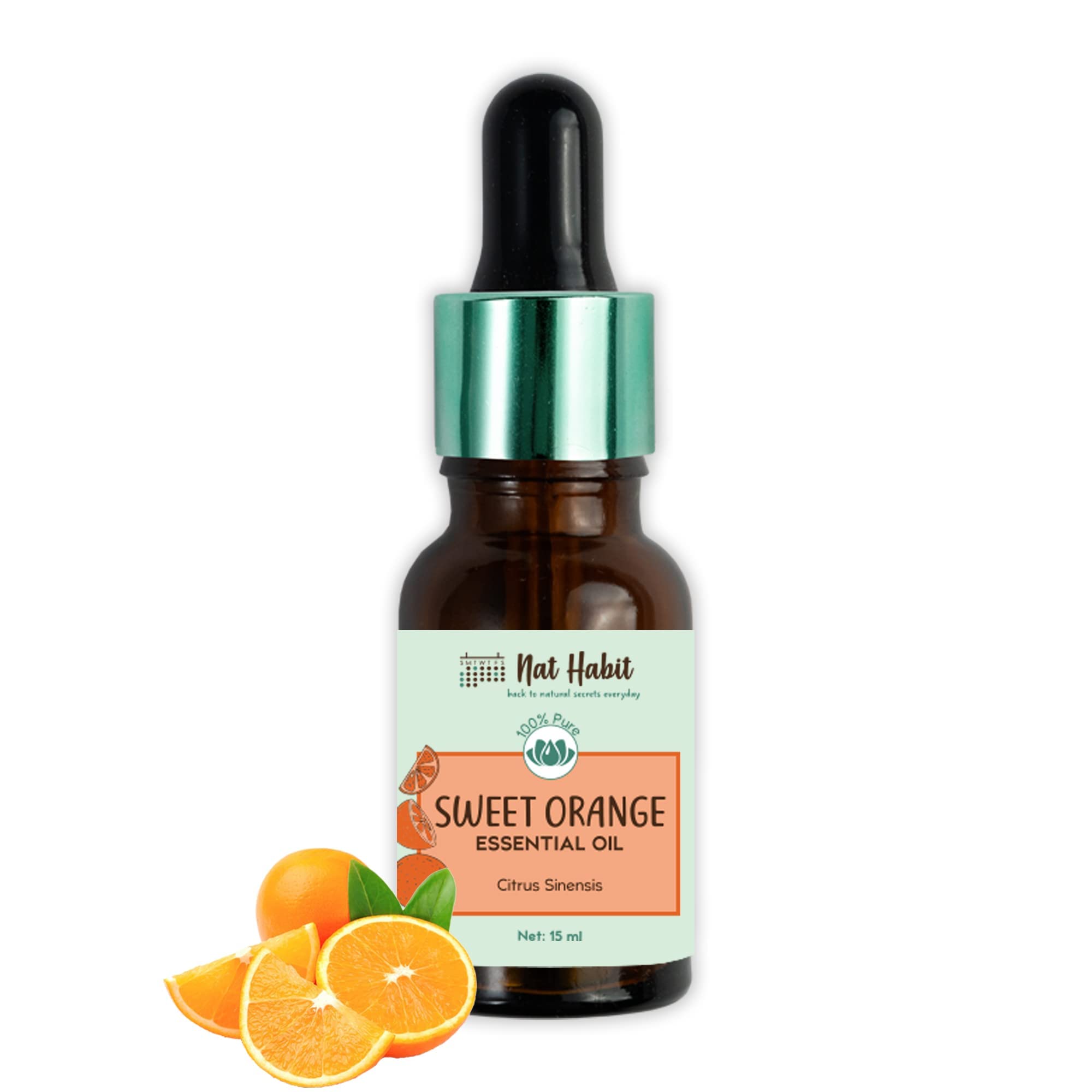 Nat Habit 100% Pure Sweet Orange Essential Oil (15ml) - 100% Natural Citrus Sinensis Oil for Aromatherapy, Diffuser & DIY Skincare - Relaxing & Uplifting Scent for Home Spa, Massage & Stress Relief