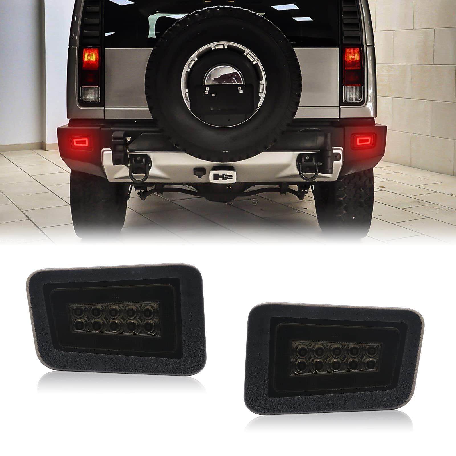 2005-2009 Hummer H2 Rear LED Bumper Fog Lights - 2PC Smoked Lens Brake Tail Lamp Assembly - Direct Replacement for OE 15100039 & 15100038 - Perfect for Off-Roading & Night Driving Safety