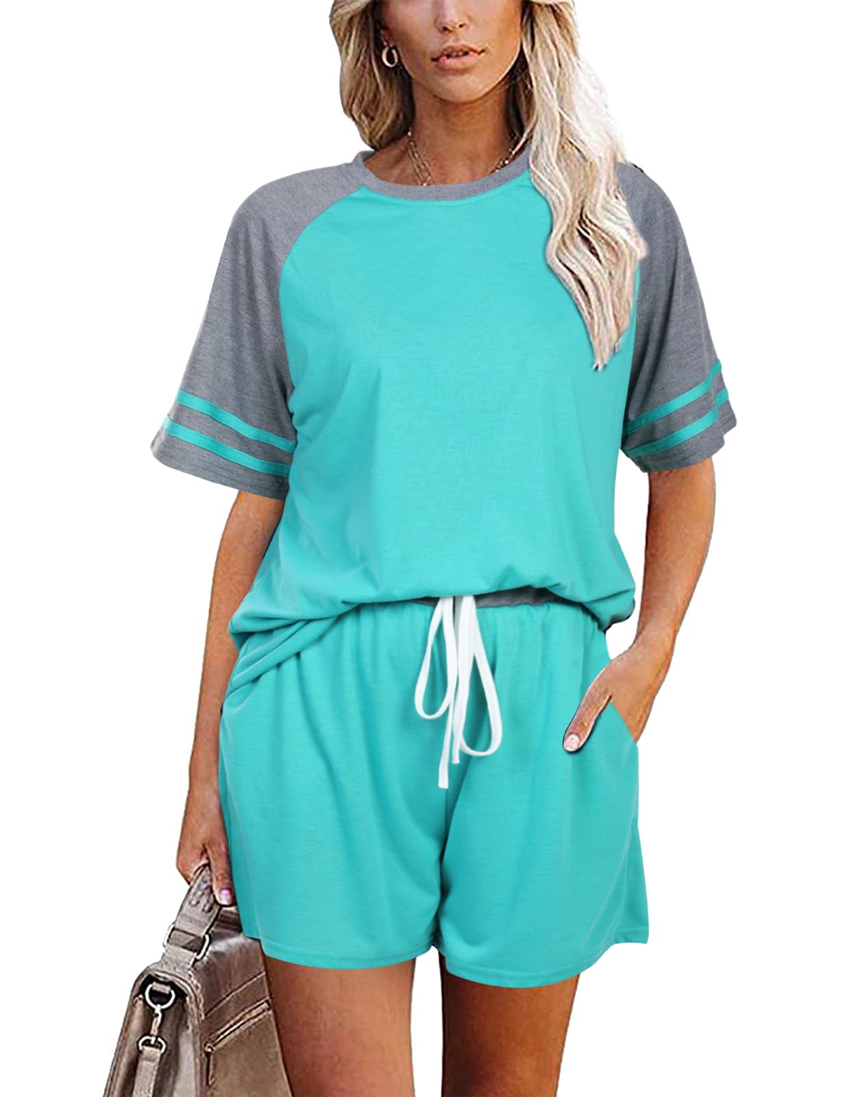 Surenow Women's Short Sleeve Tracksuit Set - Comfortable 2-Piece Loungewear Outfit, Casual Pajama Set for Home, Yoga & Relaxation