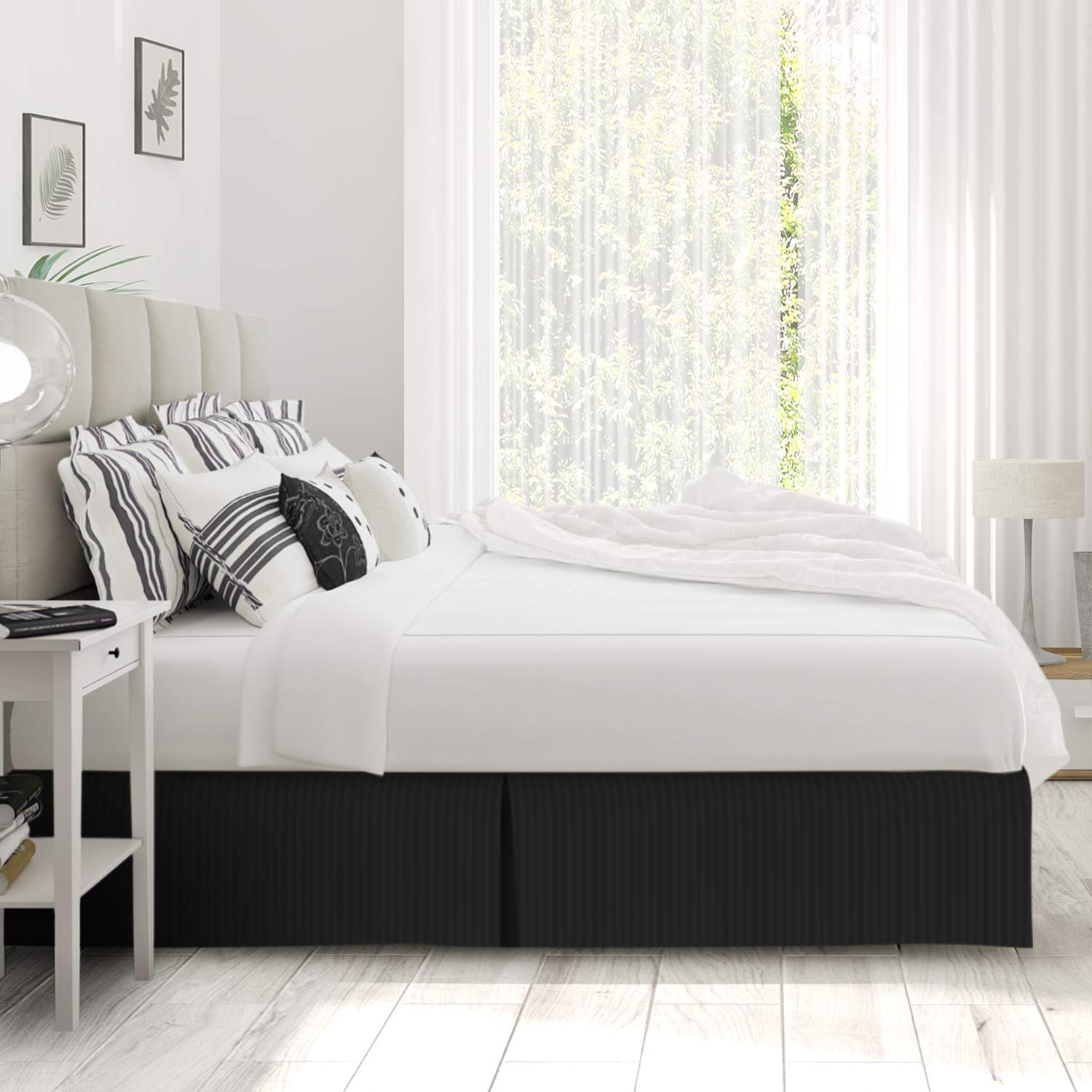 Premium 800 TC Striped Black Bed Skirt - Double Brushed Cotton Dust Ruffle with 14