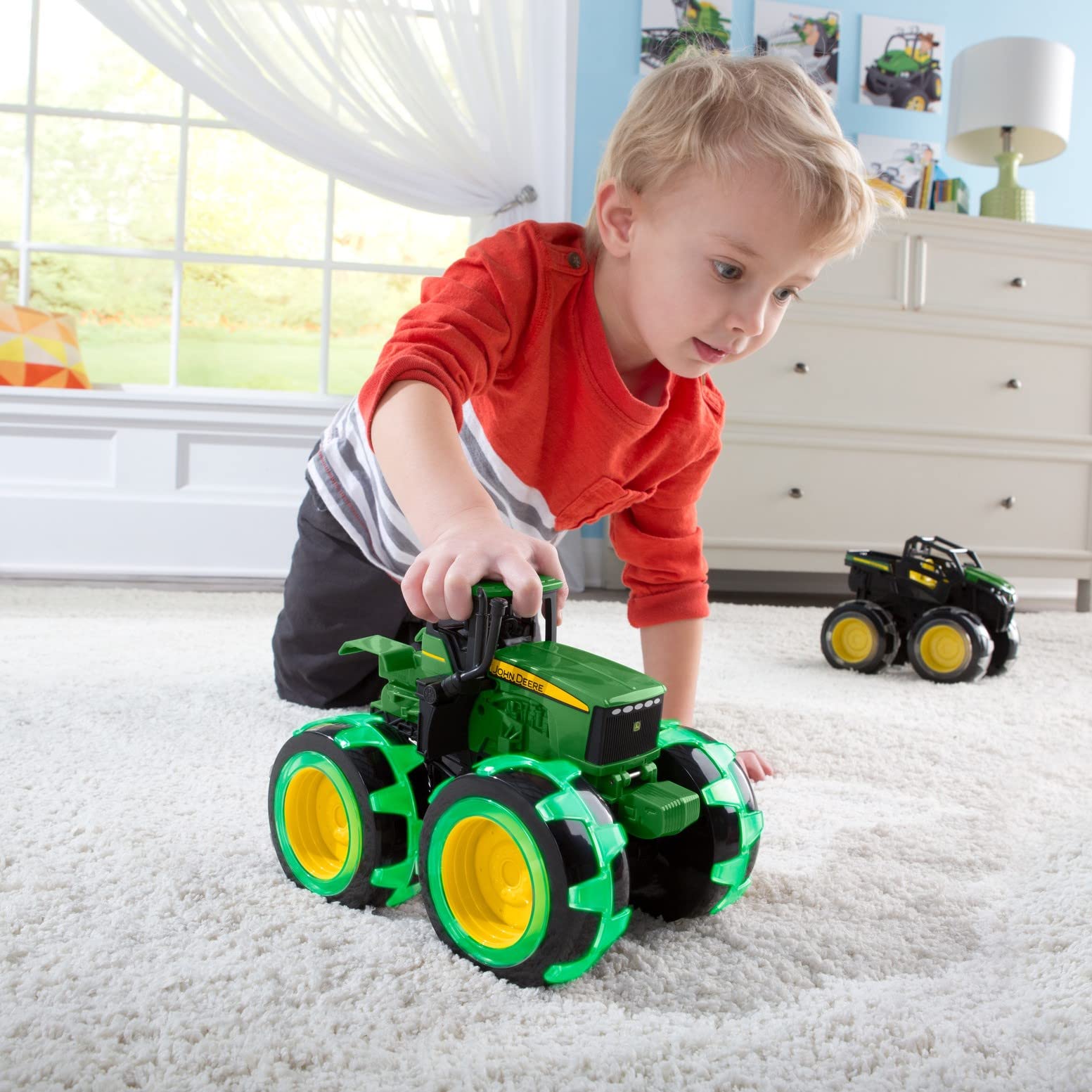 John Deere Tomy Monster Treads Lightning Wheels Tractor Toy - Motion Activated Light Up Monster Truck with Big Tires - Frustration Free Packaging - Best Gift for Boys & Girls Ages 3+ - Perfect for Indoor Play, Birthday Parties & Pretend Farming Adventures