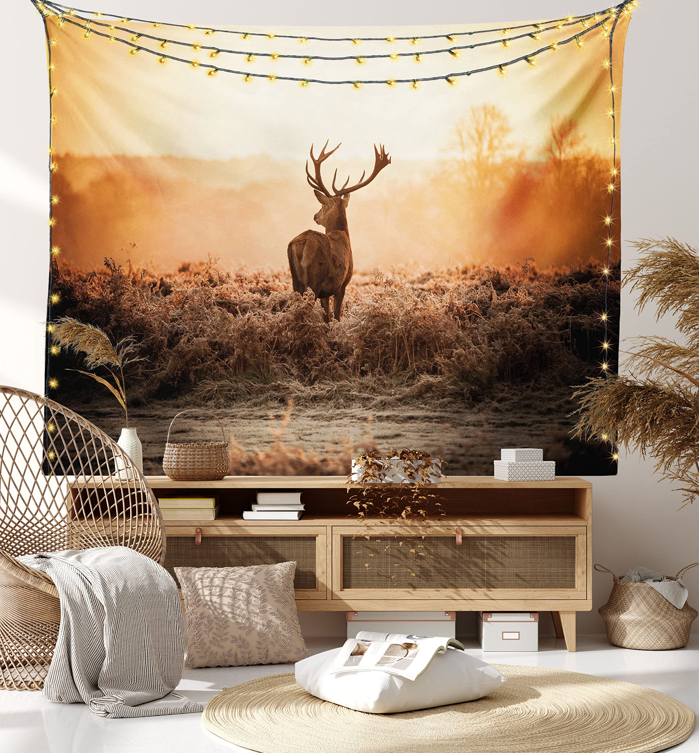 Ambesonne Hunting Tapestry - Red Deer in Morning Sun Wilderness Nature Scenery Wall Hanging Decor for Bedroom, Living Room & Dorm (45x30 inches, Brown Orange) | Perfect for Cabin, Lodge, Hunting Cabin & Rustic Home Decor