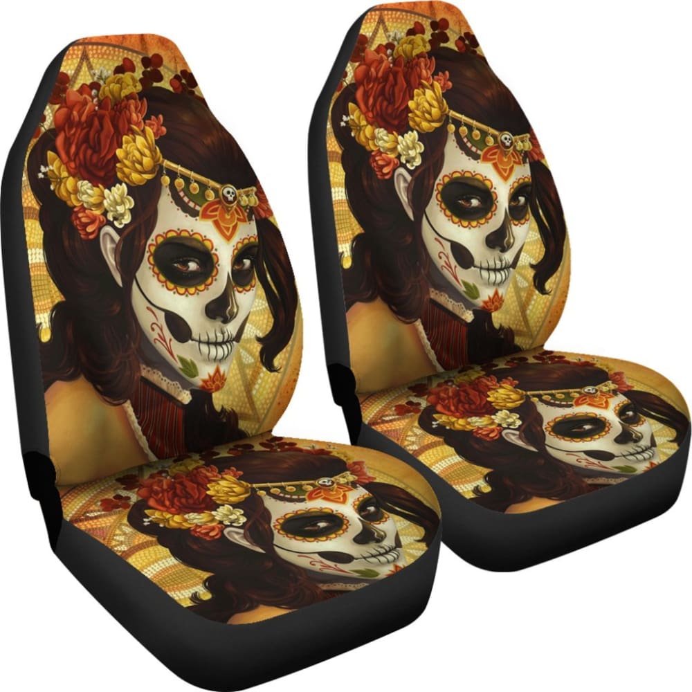 2 Pcs Sugar Skull Day of the Dead Car Seat Covers - Mexican Style Floral Print Auto Accessories for Halloween, Dia de los Muertos Decor & Car Interior Protection