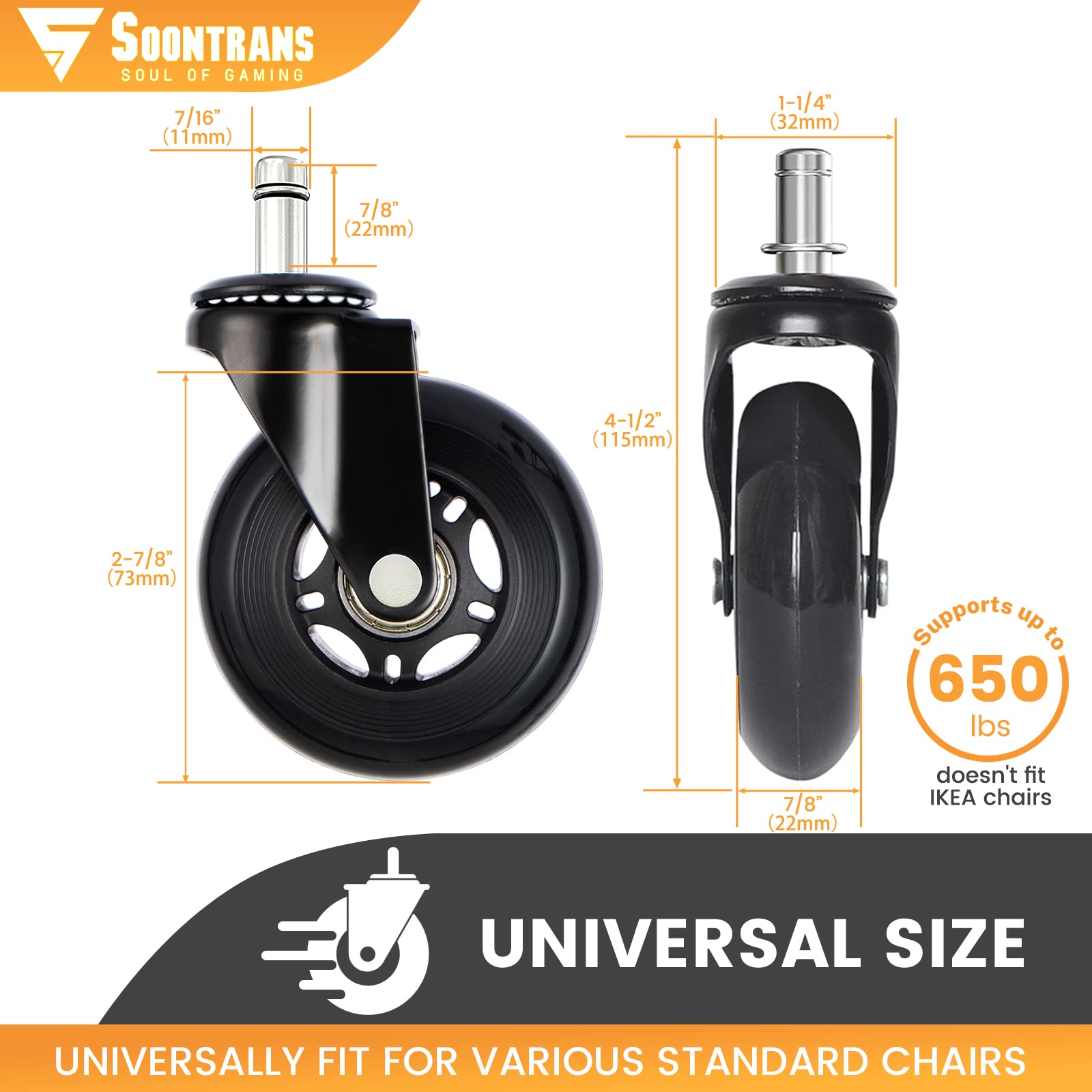 Soontrans 5-Pack Heavy Duty Rollerblade Caster Wheels for Office & Gaming Chairs - Universal Replacement Wheels for Carpet & Hardwood Floors - Ergonomic Computer Chair Accessories for Home & Office Workspaces