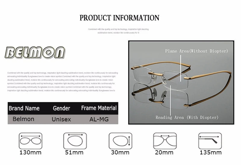 Belmon Unisex Rimless Square Aluminum Magnesium Bifocal Reading Glasses - Lightweight & Durable for Computer Work, Reading, and Office Use (Model RS341)