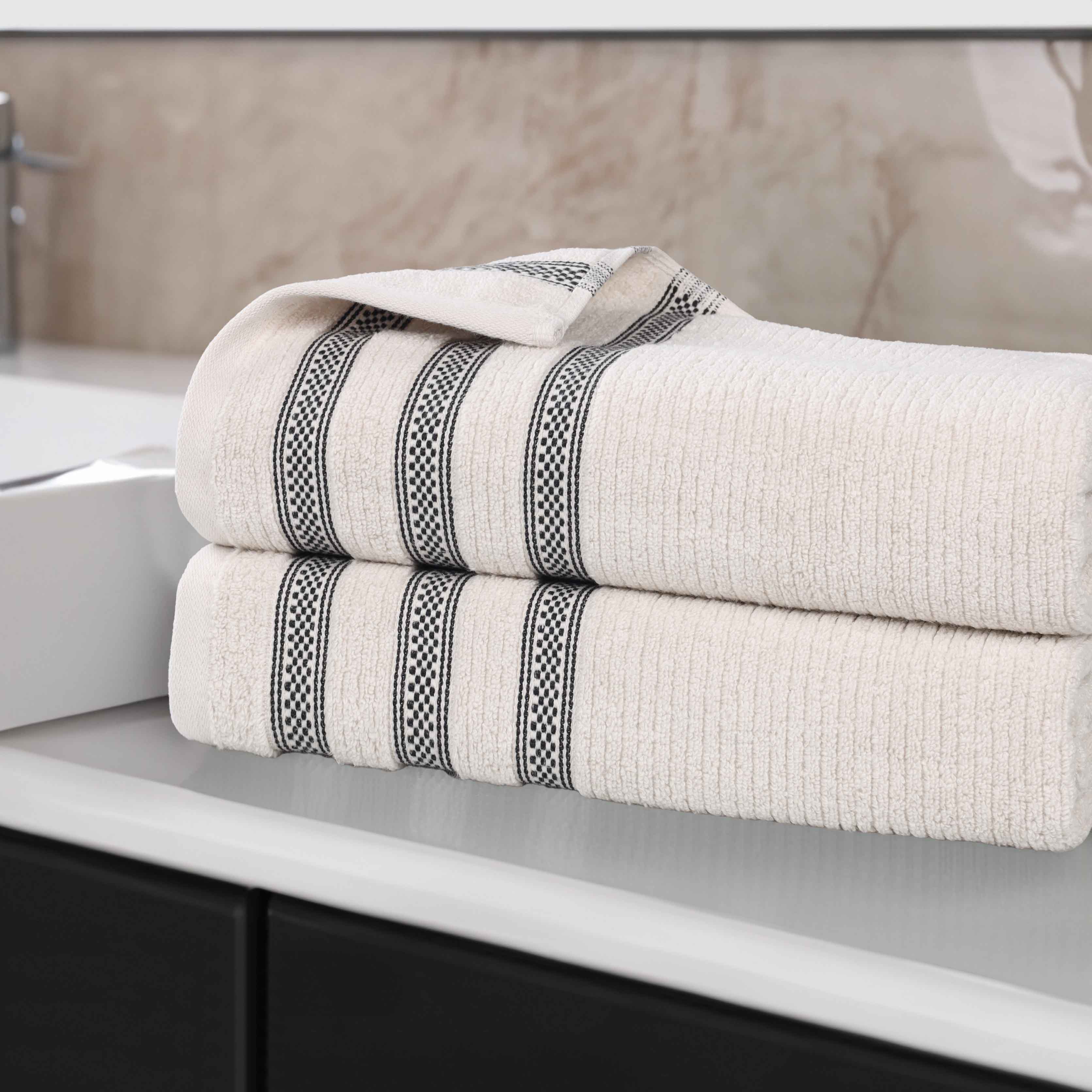 Premium Zero Twist Cotton Ribbed Geometric Border Plush Bath Sheet Set of 2 - Ultra Soft & Absorbent Luxury Towels for Spa, Bathroom & Beach Use
