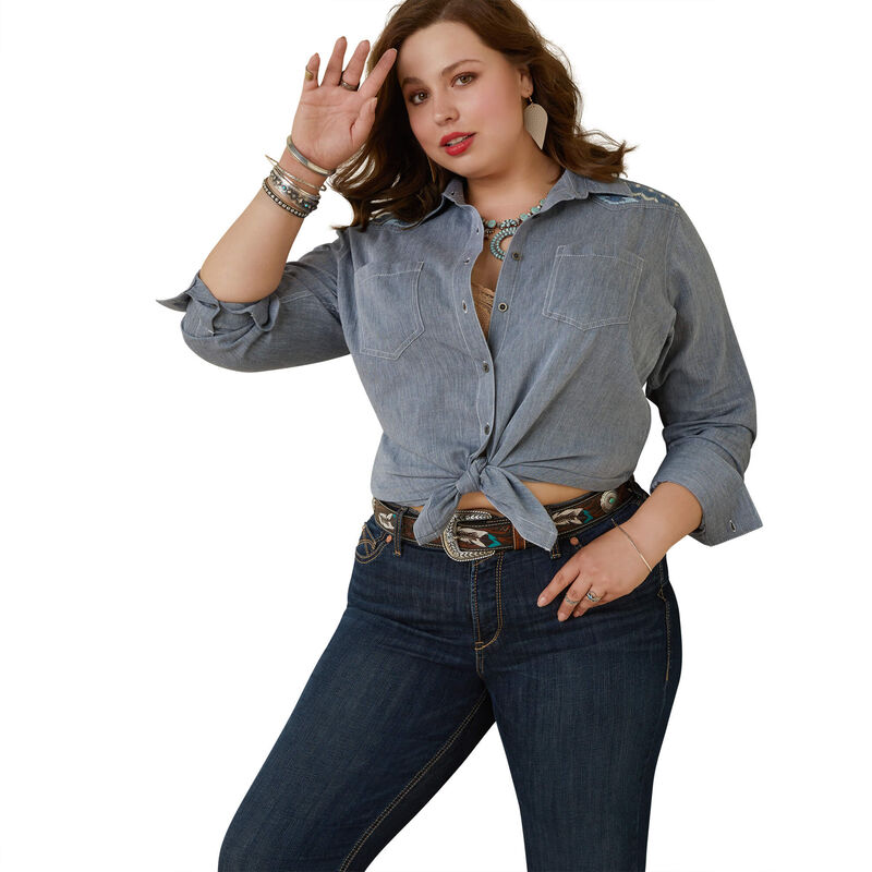 Ariat Women's Real Billie Jean Shirt - Embroidered Chambray Western Shirt for Cowgirl Style | Perfect for Rodeo, Ranch Work & Country Fashion