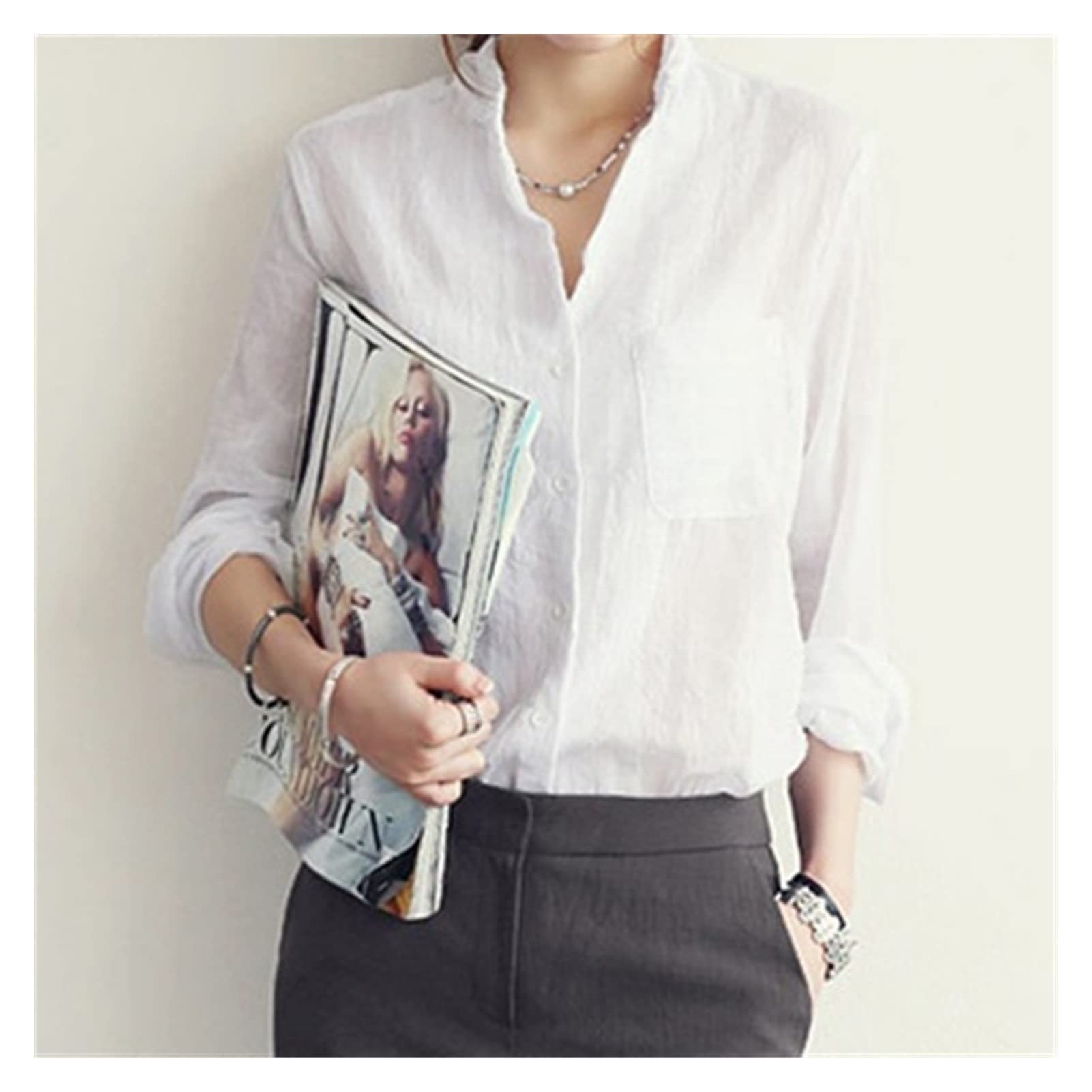 NLXTXQC Women's Linen Long Sleeve Blouse - Breathable Summer White Shirt for Women, Korean Style Fashion Top (Large, White) | Perfect for Office Wear, Casual Outings & Spring/Summer Wardrobe