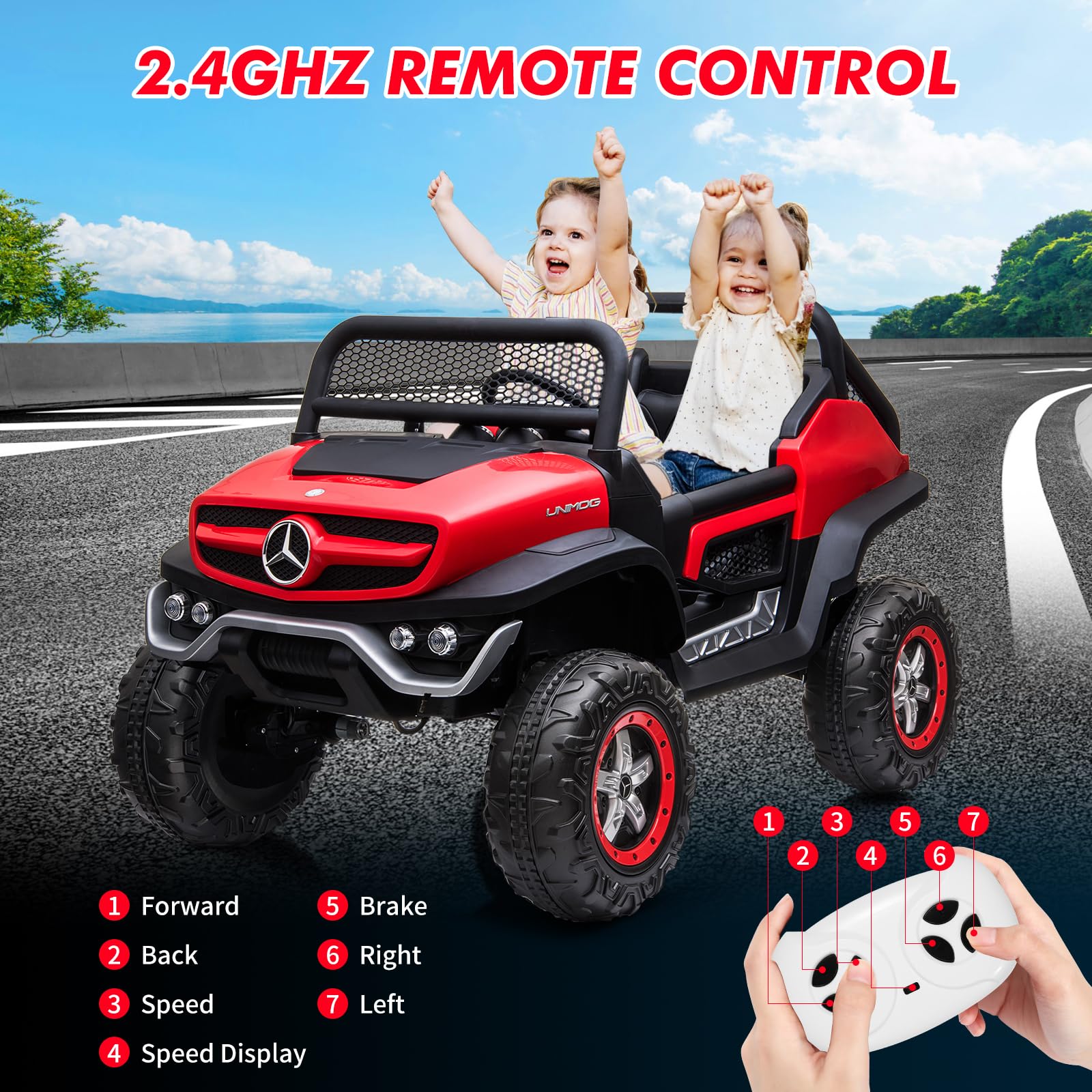 GARVEE 24V Kids Ride On Truck - 2 Seater Licensed Mercedes Benz Electric Toy Car with Remote Control, LED Lights & Music | Battery Display, Spring Suspension, Trunk | Perfect for Toddlers Outdoor Play & Birthday Gifts (Red)