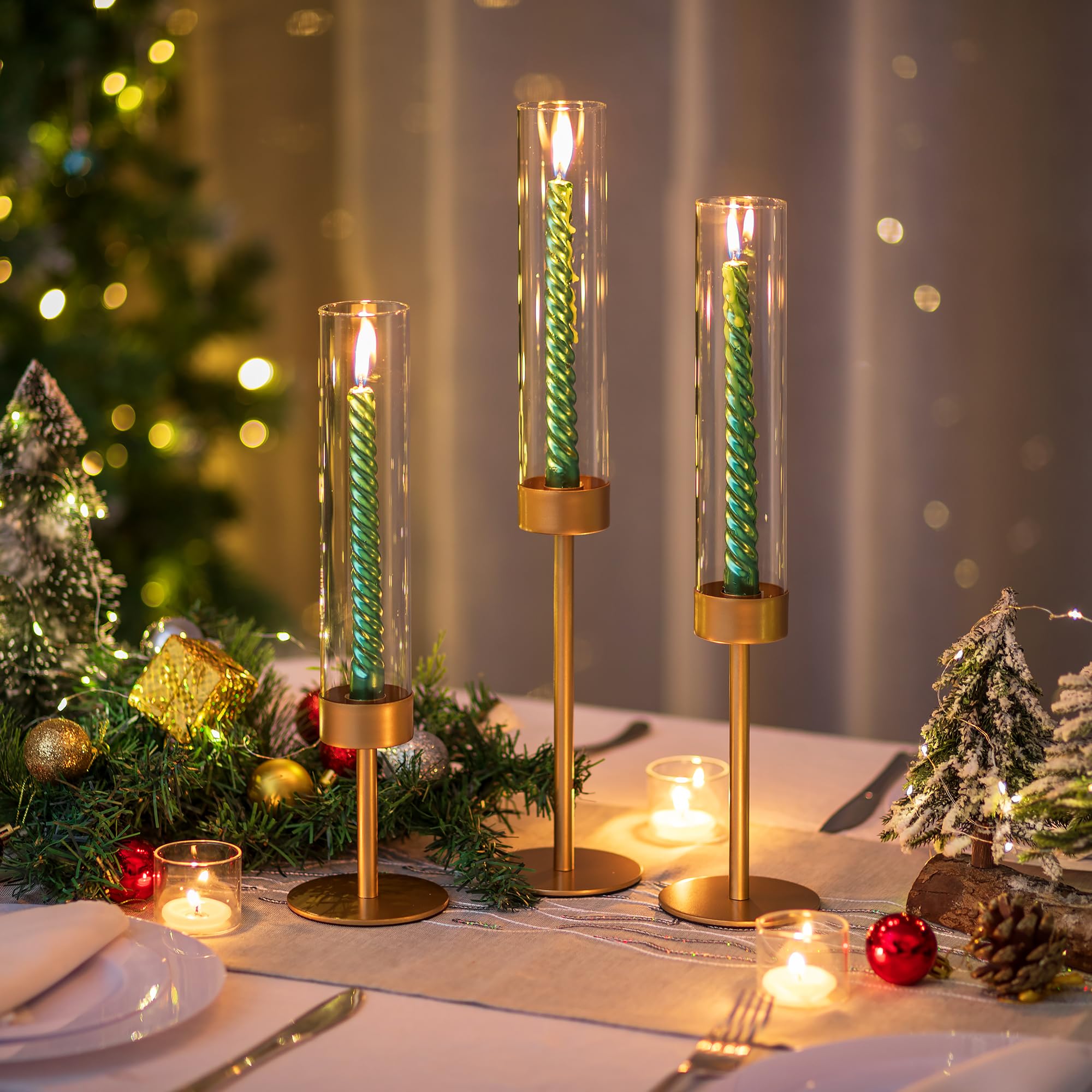 18-Piece Gold Glass Hurricane Candle Holders - Tall Clear Cylinder Taper Candle Holders Bulk Set for Wedding Centerpiece, Party Decor, Christmas & Home Decoration - Perfect for Dining Table, Fireplace Mantel, and Holiday Displays