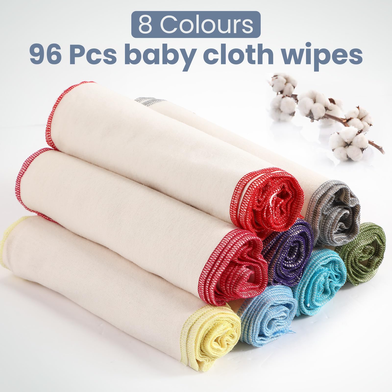Mixweer 96-Pack Reusable Flannel Baby Wipes - Soft, Washable & Unbleached Cloth Diaper Wipes (8x8 Inches, 8 Colors with Outer Stitching) - Gentle for Baby Face, Hands & Diaper Changes - Perfect for Nursery, Travel & Eco-Friendly Parenting