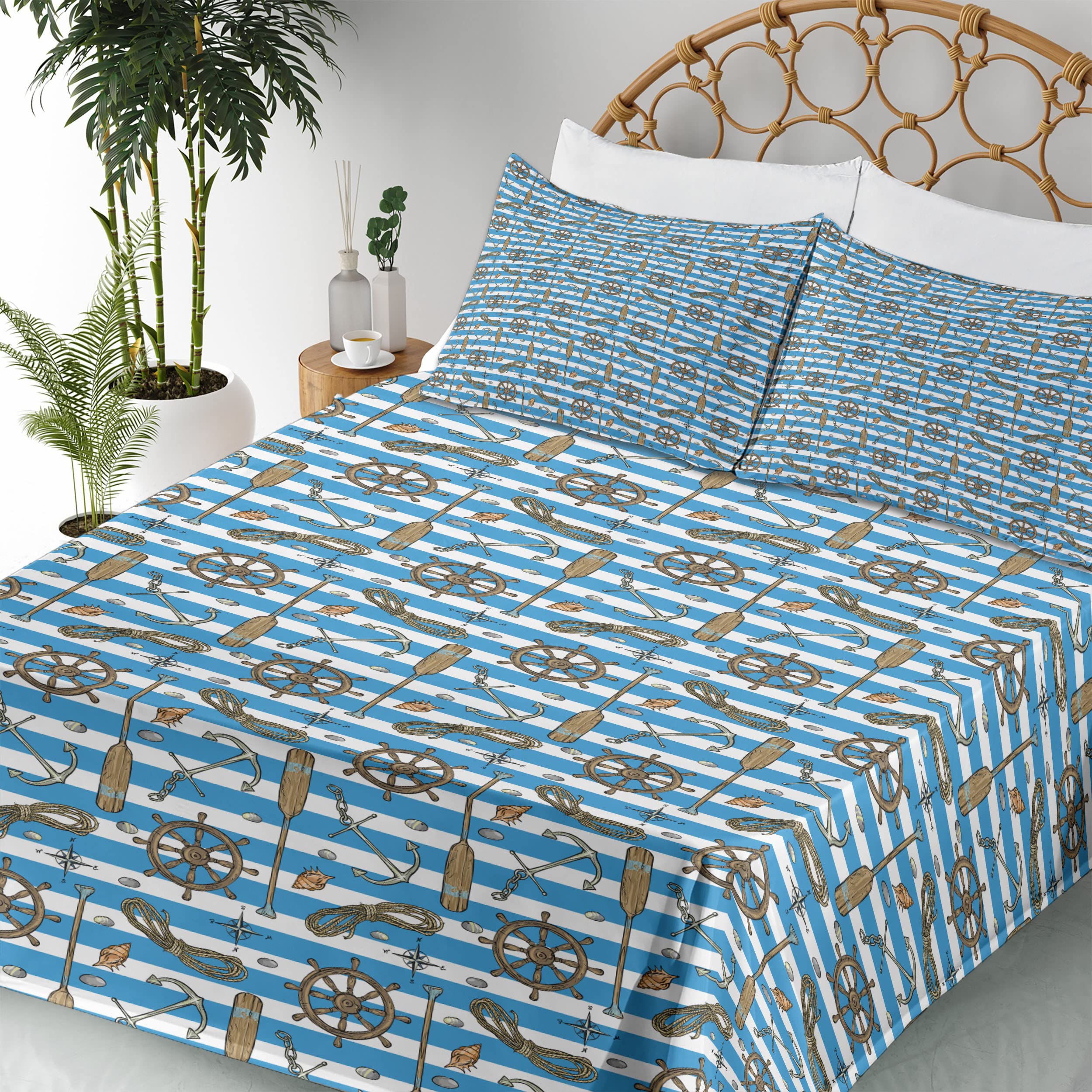 Ambesonne Nautical Queen Size 4-Piece Sheet Set - Sailor Stripes Design with Fitted Sheet, Flat Sheet & 2 Pillowcases - Cruise & Maritime Themed Bedding in Brown Blue White | Perfect for Beach House, Boat Cabin or Nautical Nursery Decor