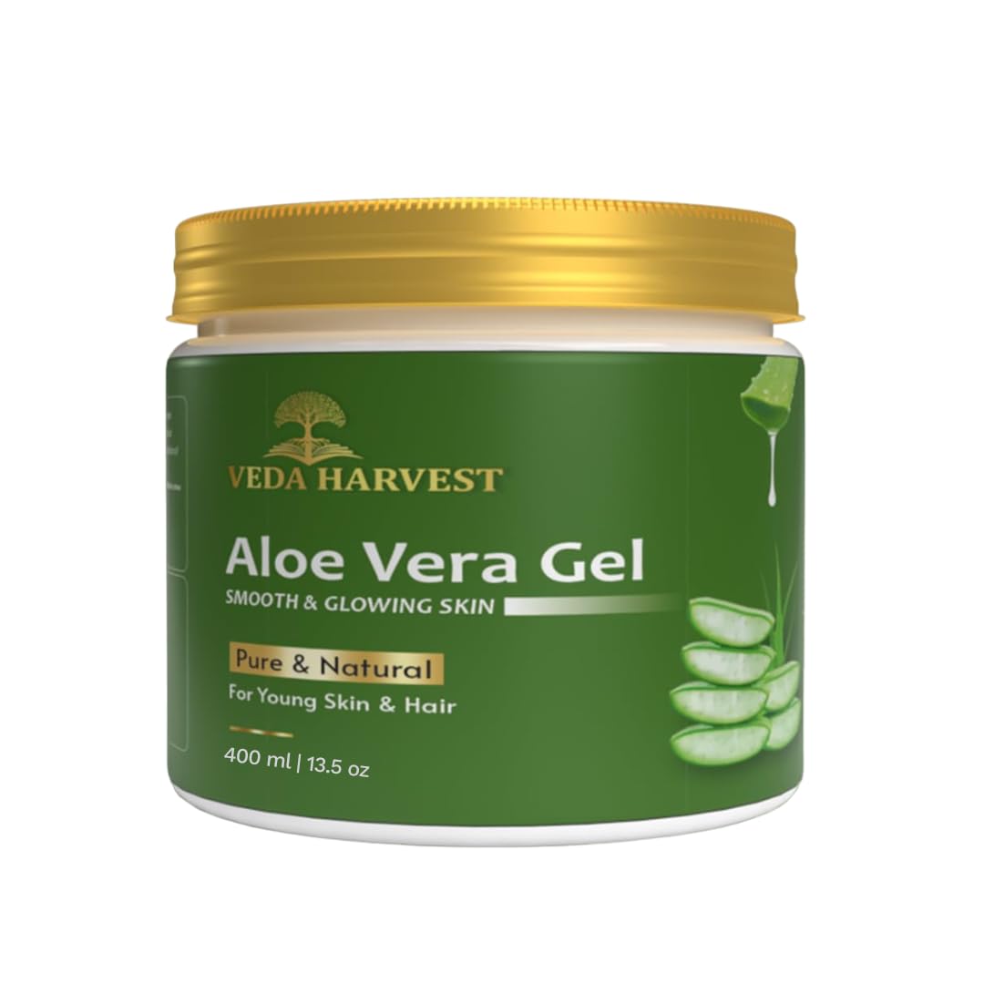 Veda Harvest Aloe Vera Gel Moisturizer 400ml - Organic Skin & Hair Care for Oily Skin, Anti-Aging, Hydration & Dandruff Treatment | Soothing Multipurpose Gel for Face, Body & Scalp | Eco-Friendly Glass Jar | Perfect for Daily Skincare & Hair Growth Routine