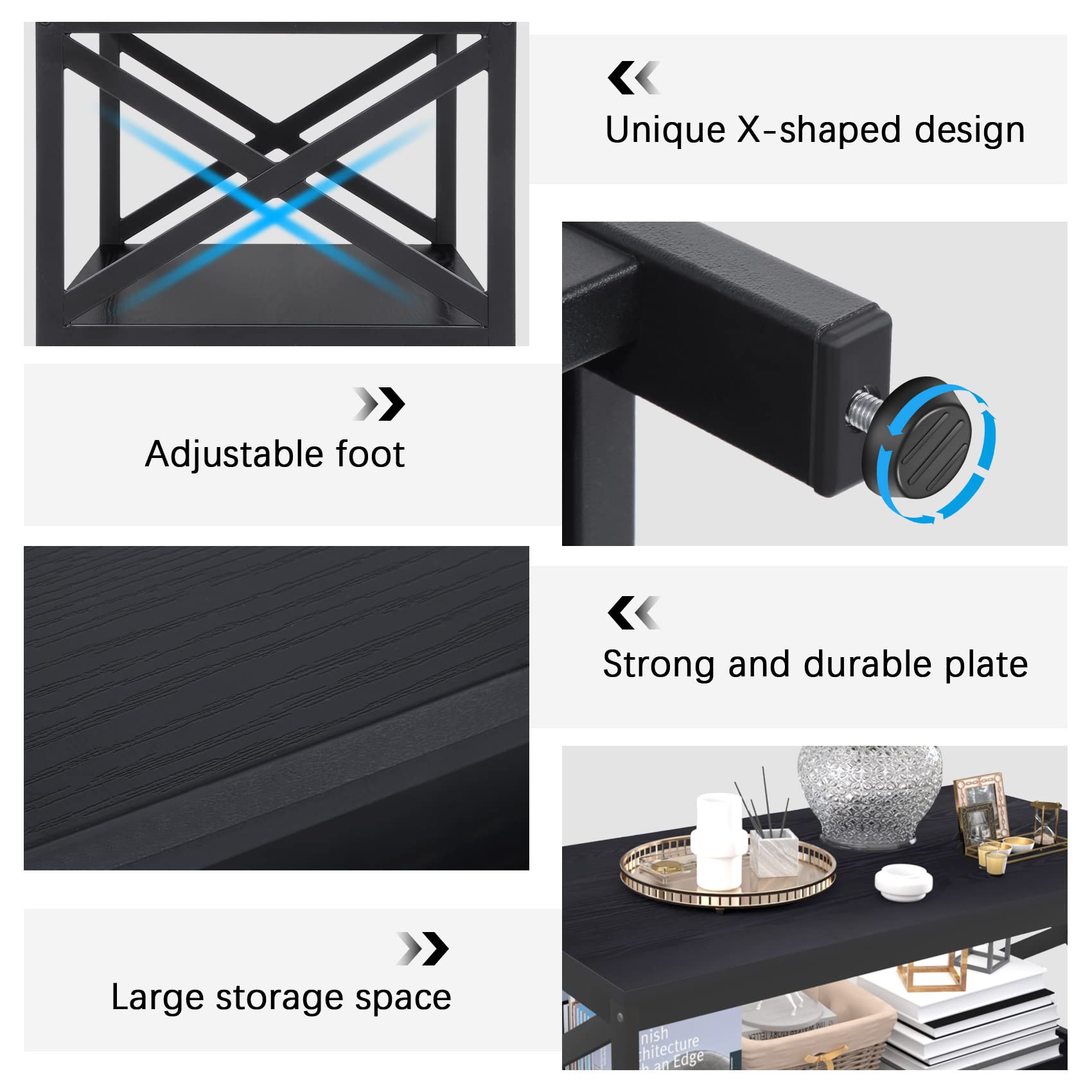 Bigbiglife 3-Piece Industrial X-Design Coffee Table Set with Storage - Coffee Table & 2 End Tables for Living Room, Apartment, Home Decor (Black) | Perfect for Small Spaces, Modern Furniture & Storage Solutions