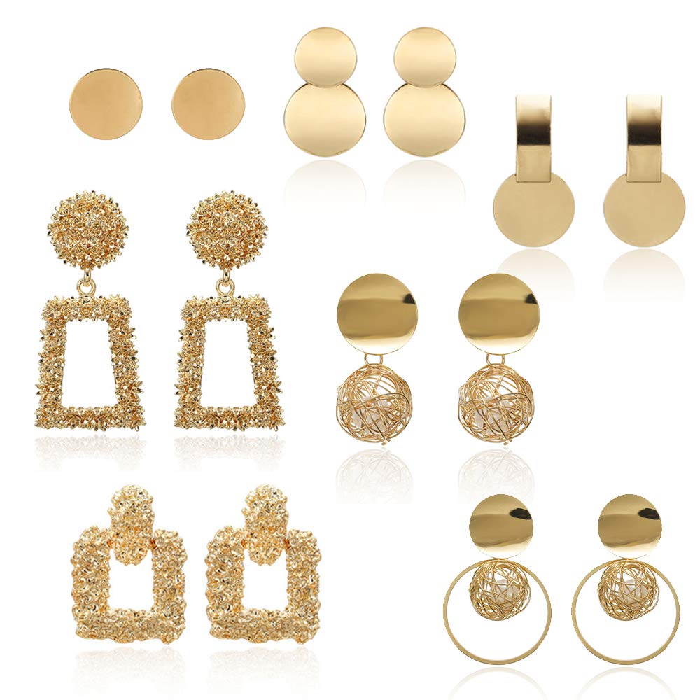 Elegant Gold Geometric Circle Dangle Earrings Set - Square Hammered Stud Earrings for Women & Girls | Fashion Jewelry for Party, Vacation & Gift Giving