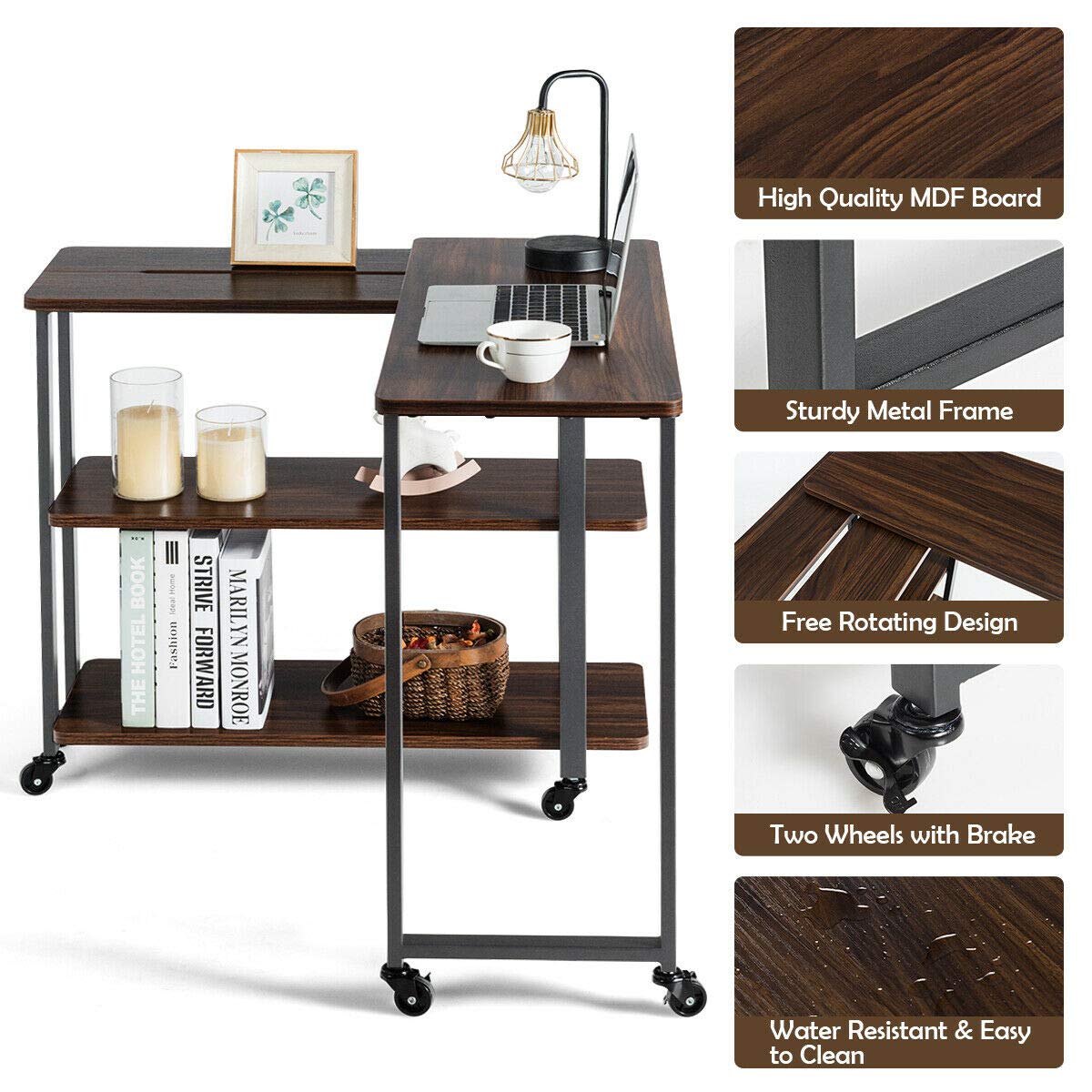 360 Degree Rotating L-Shaped End Table with Wheels & Brake - Sturdy Metal Frame, Open Storage Shelves, Water Resistant & Easy to Clean - Perfect for Living Room, Bedroom, Office (Walnut Finish)