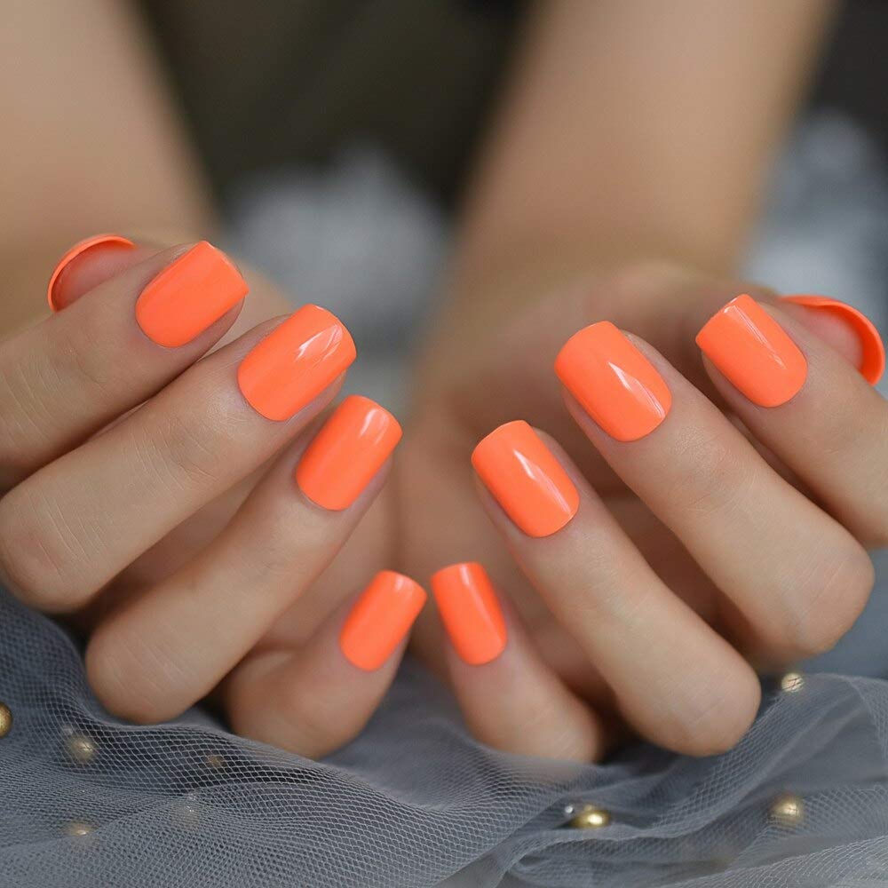 EchiQ Short Square Fake Nails - Natural Shape Glossy Gel Nails in Orange & Pink | Easy to Apply with Adhesive | Perfect for Daily Wear, Work, Parties & Special Occasions